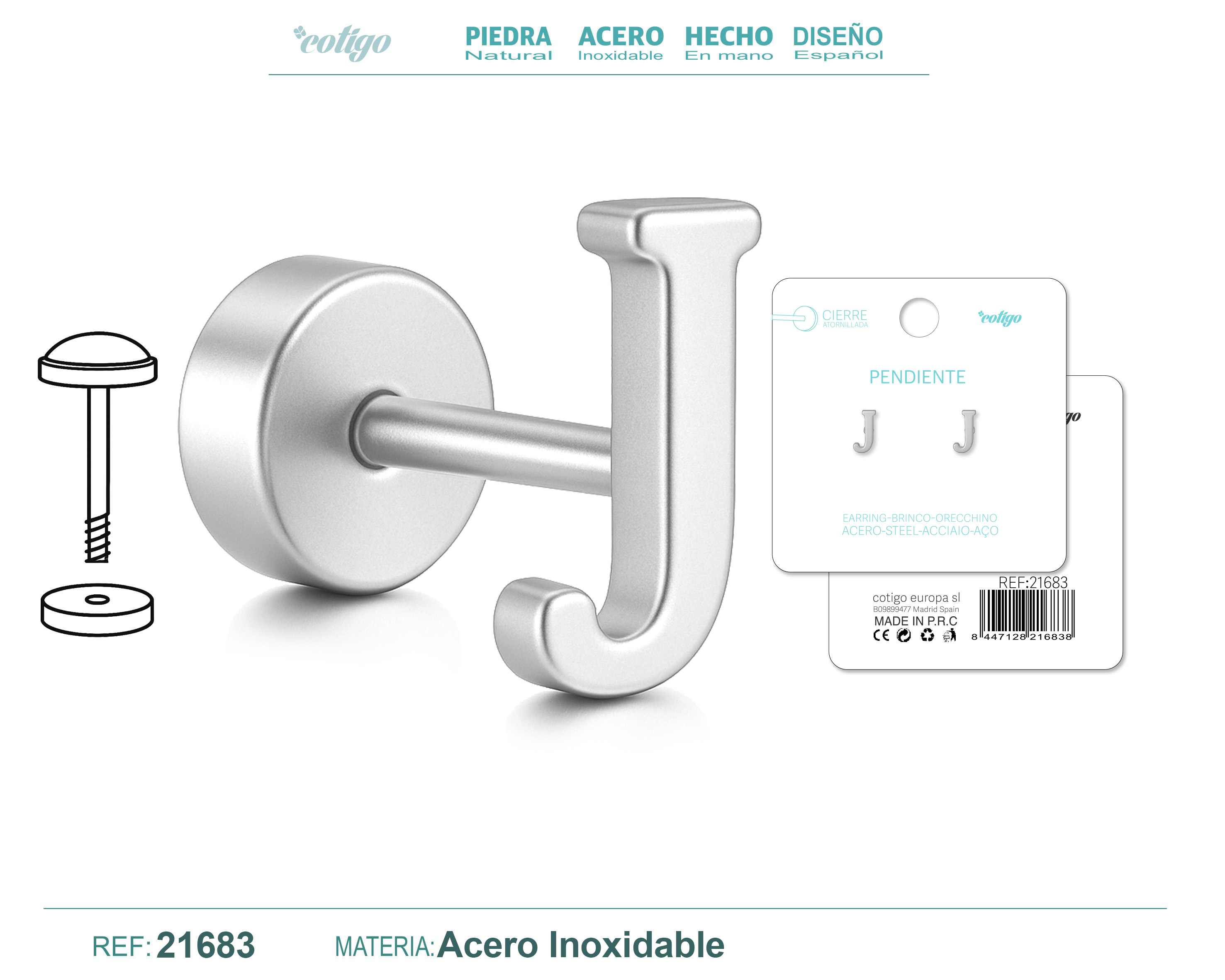 Pendiente Acero Letra J color Plateado Con cierre rosca