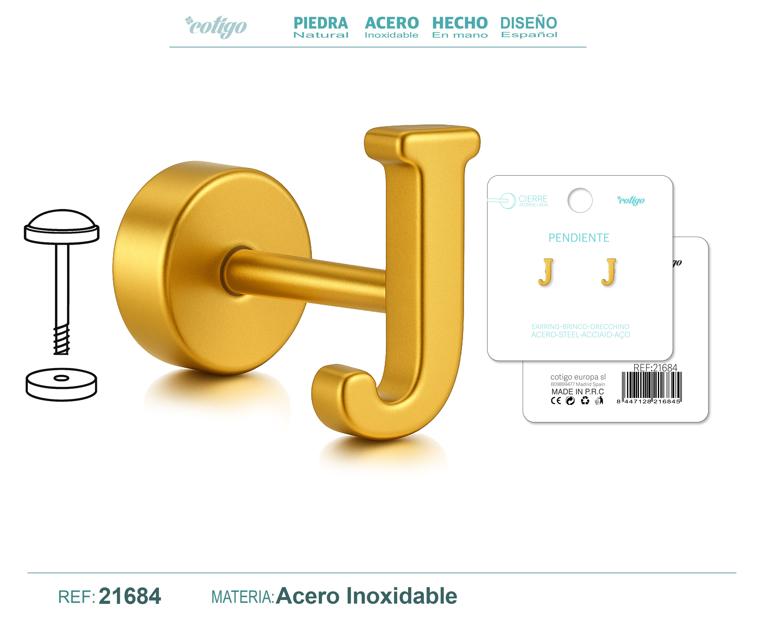 Pendiente Acero Letra J color Dorado Con cierre rosca