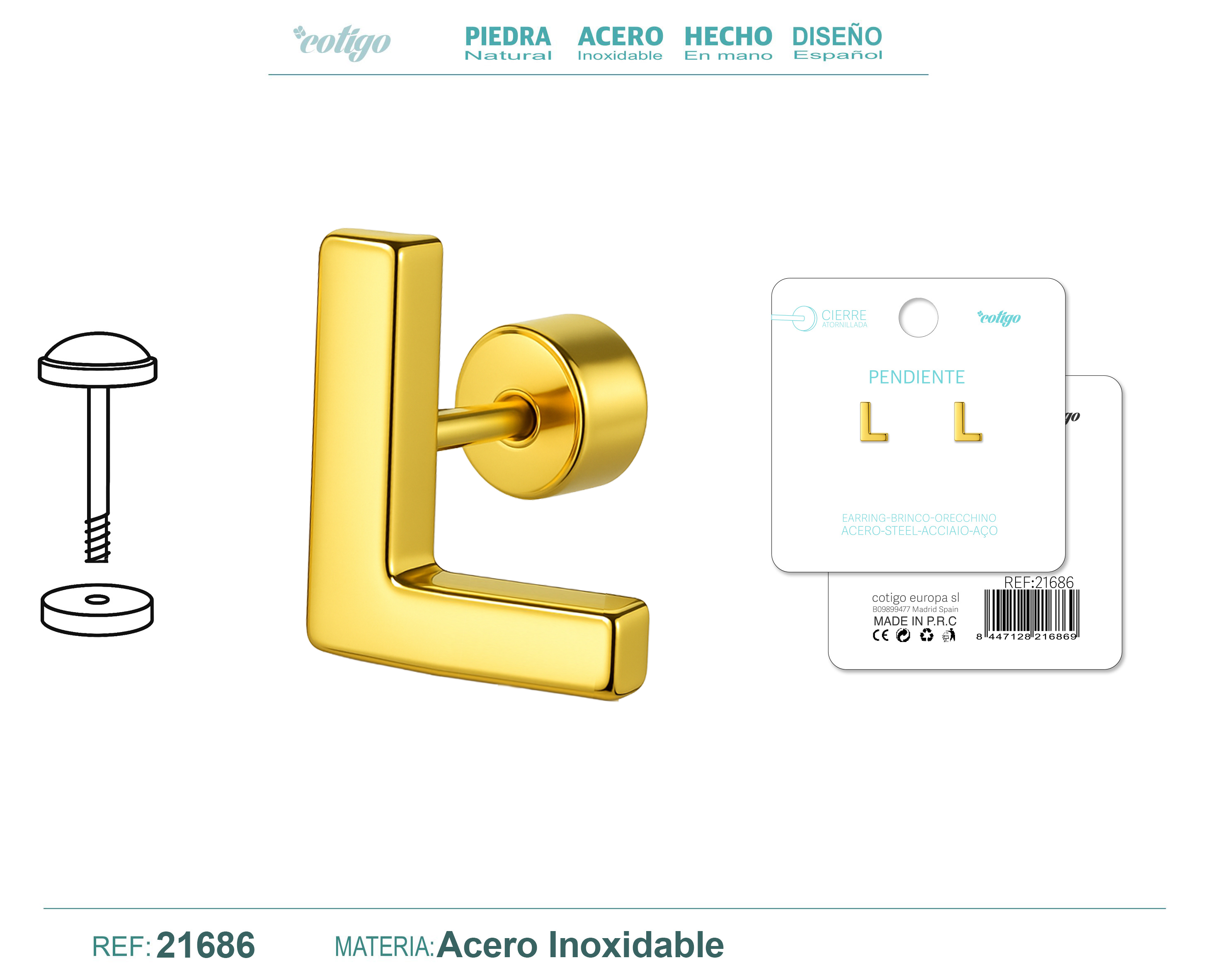 Pendiente Acero Letra L color Dorado Con cierre rosca