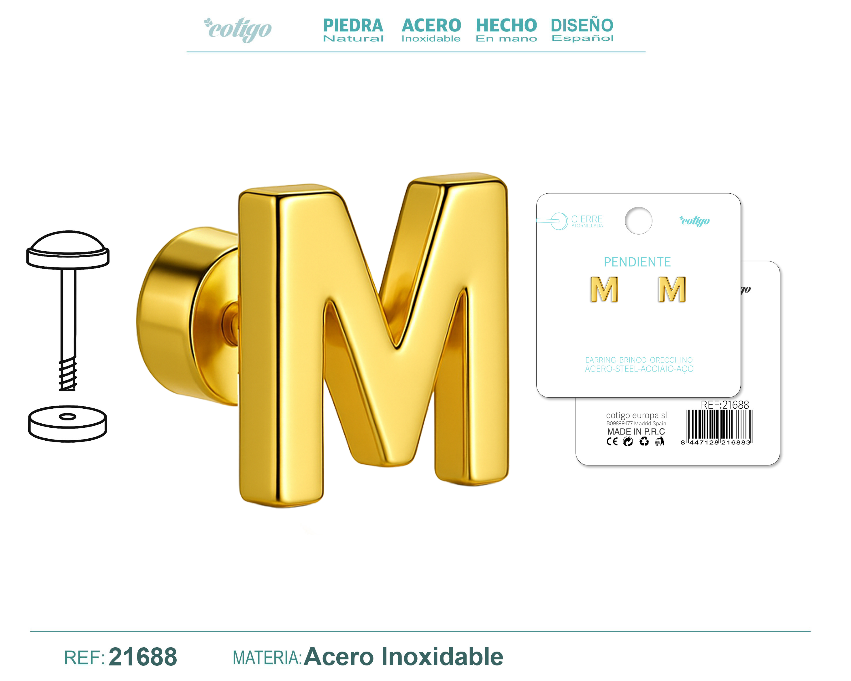Pendiente Acero Letra M color Dorado Con cierre rosca