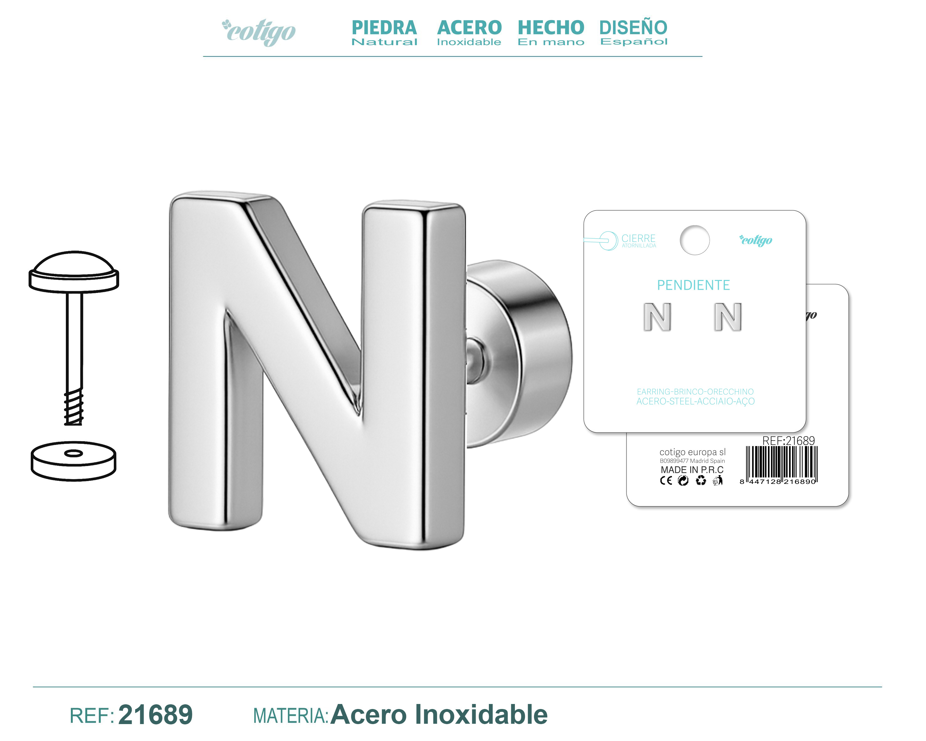 Pendiente Acero Letra N color Plateado Con cierre rosca