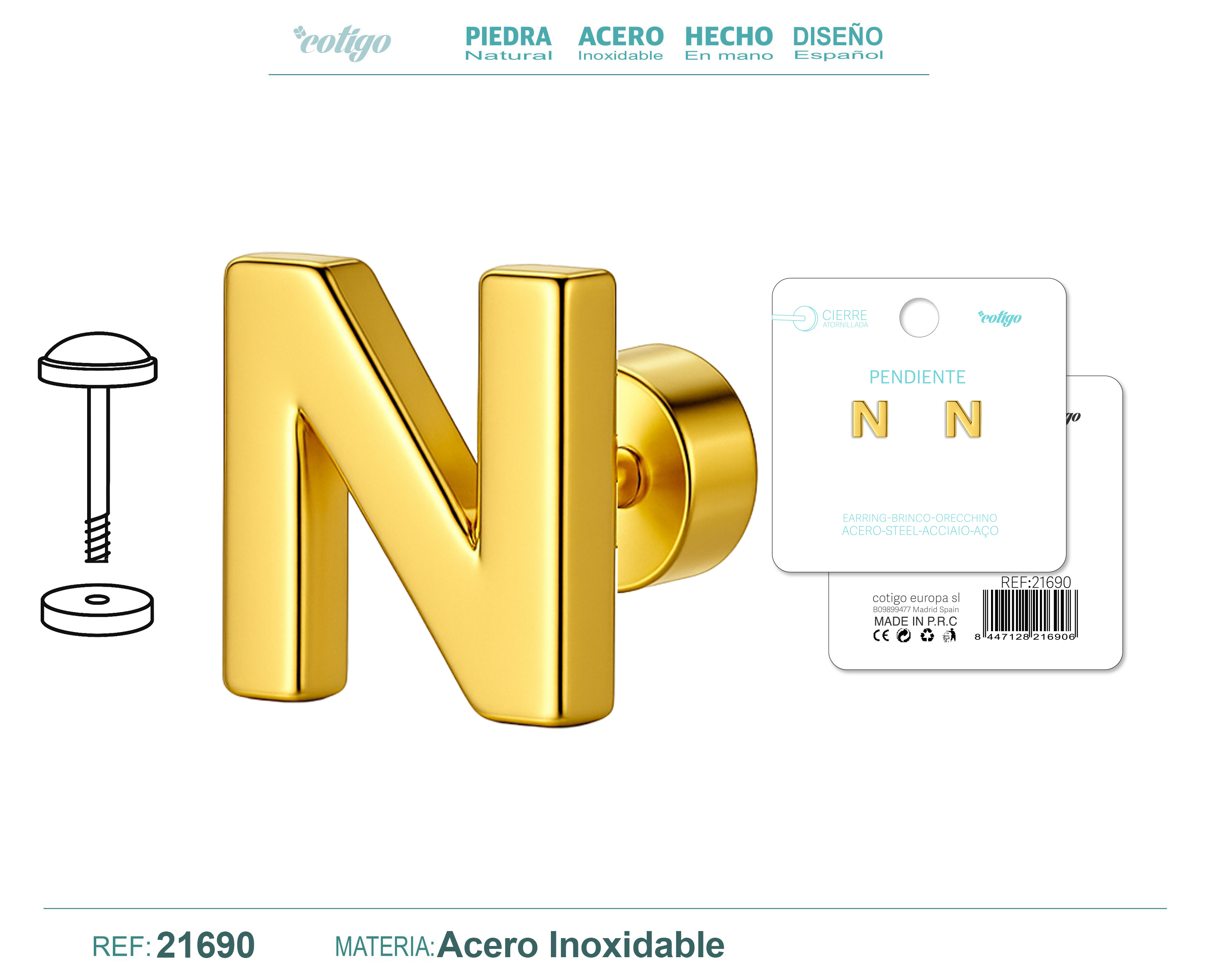 Pendiente Acero Letra N color Dorado Con cierre rosca