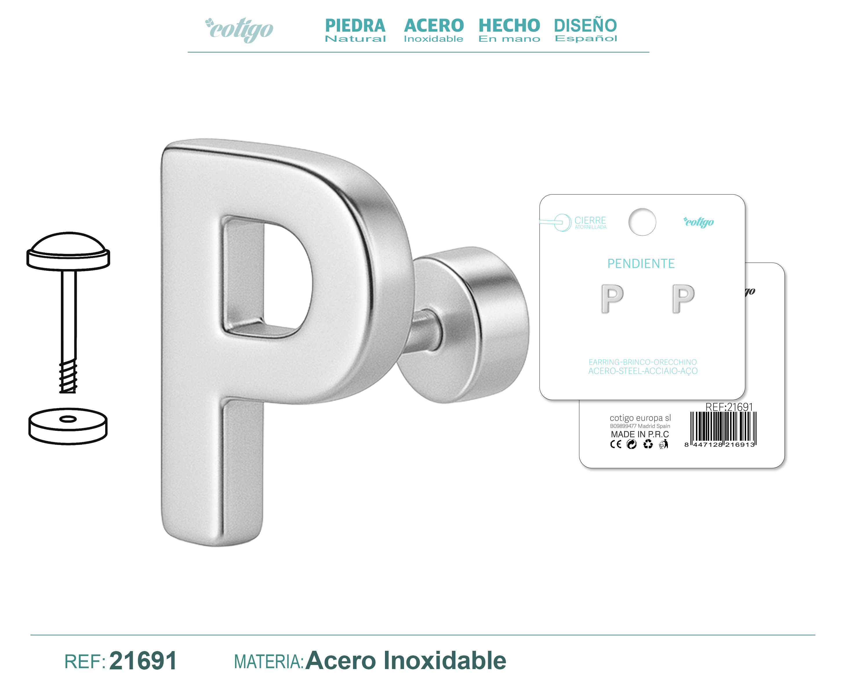 Pendiente Acero Letra P color Plateado Con cierre rosca