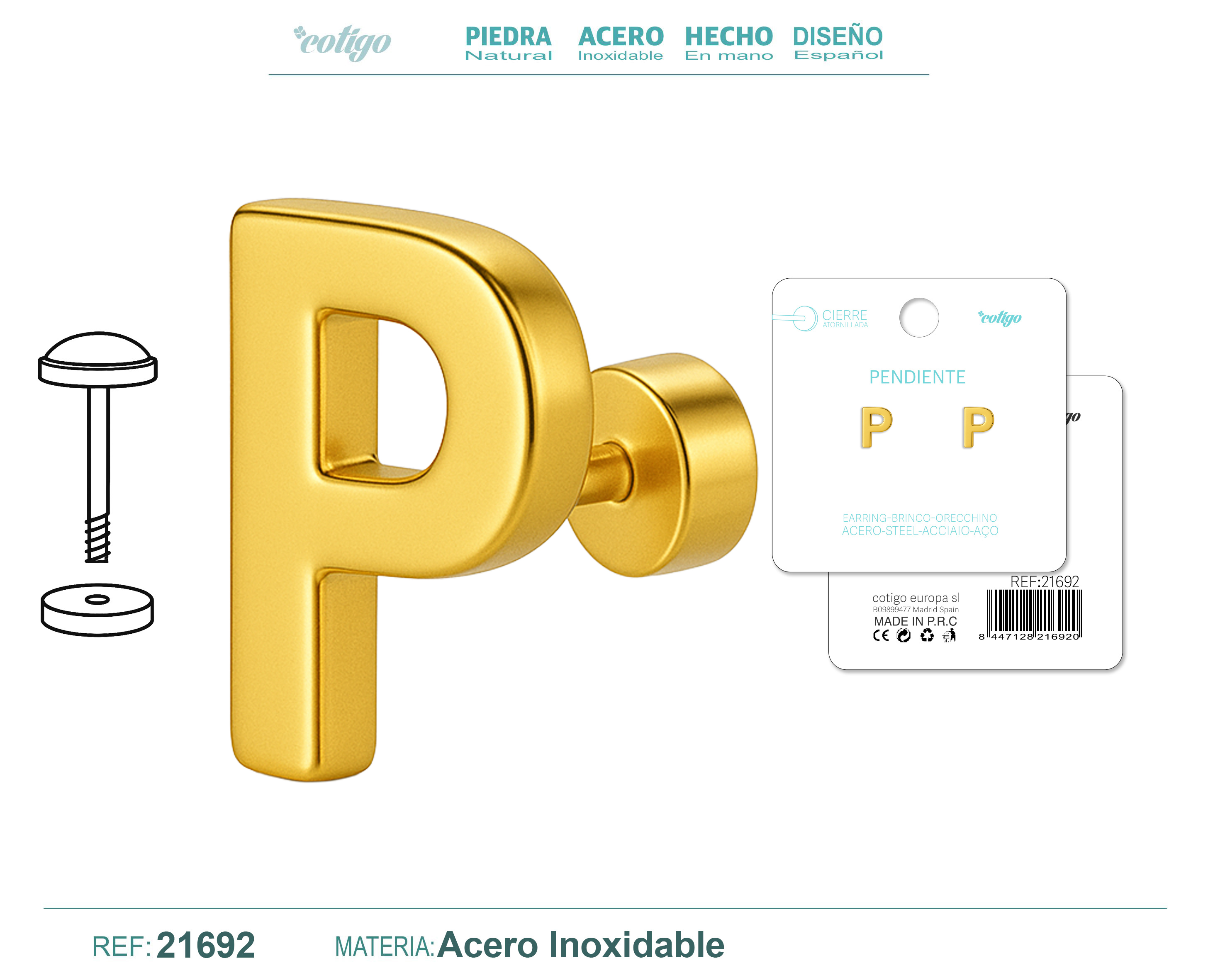Pendiente Acero Letra P color Dorado Con cierre rosca