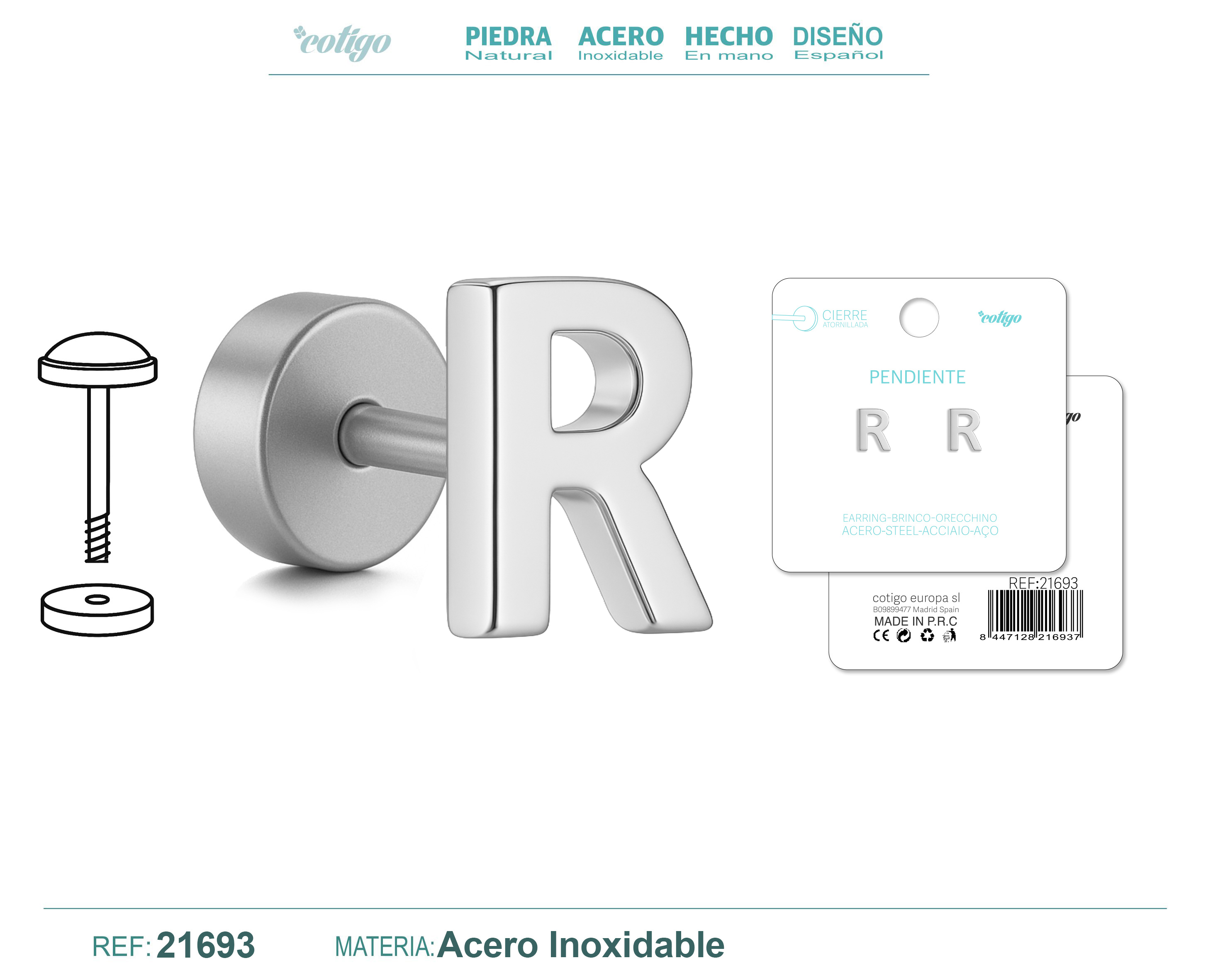 Pendiente Acero Letra R color Plateado Con cierre rosca