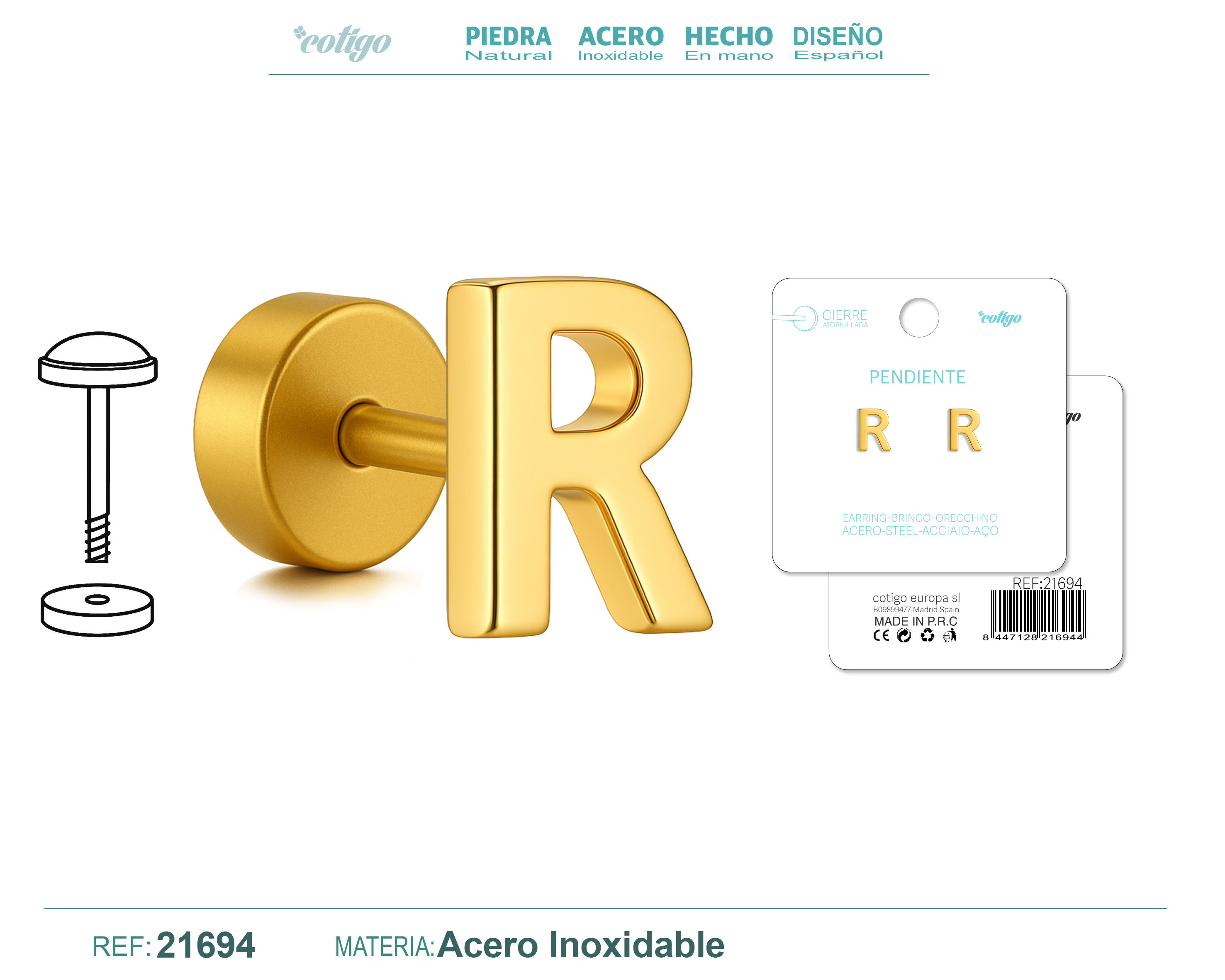 Pendiente Acero Letra R color Dorado Con cierre rosca