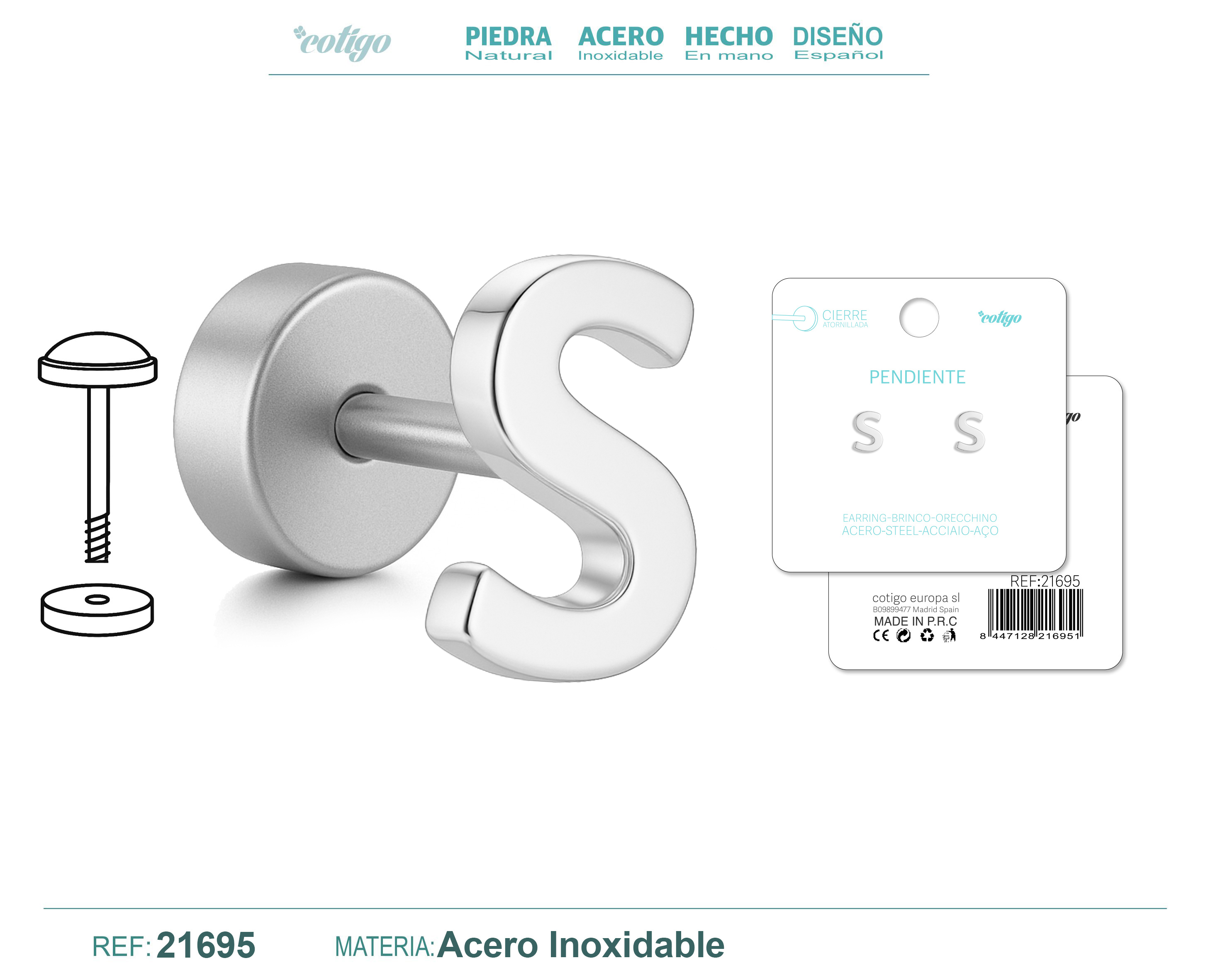 Pendiente Acero Letra S color Plateado Con cierre rosca