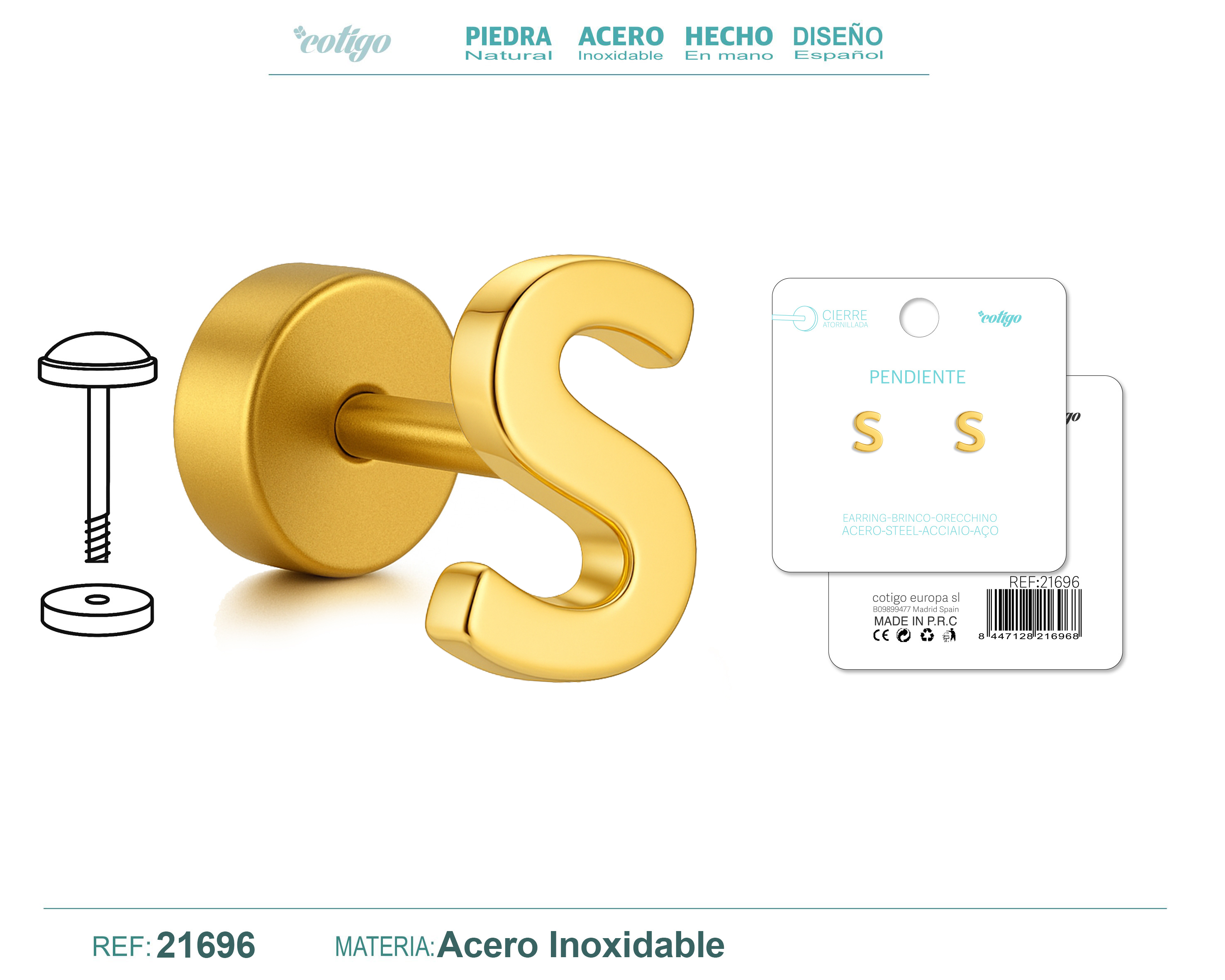 Pendiente Acero Letra S color Dorado Con cierre rosca