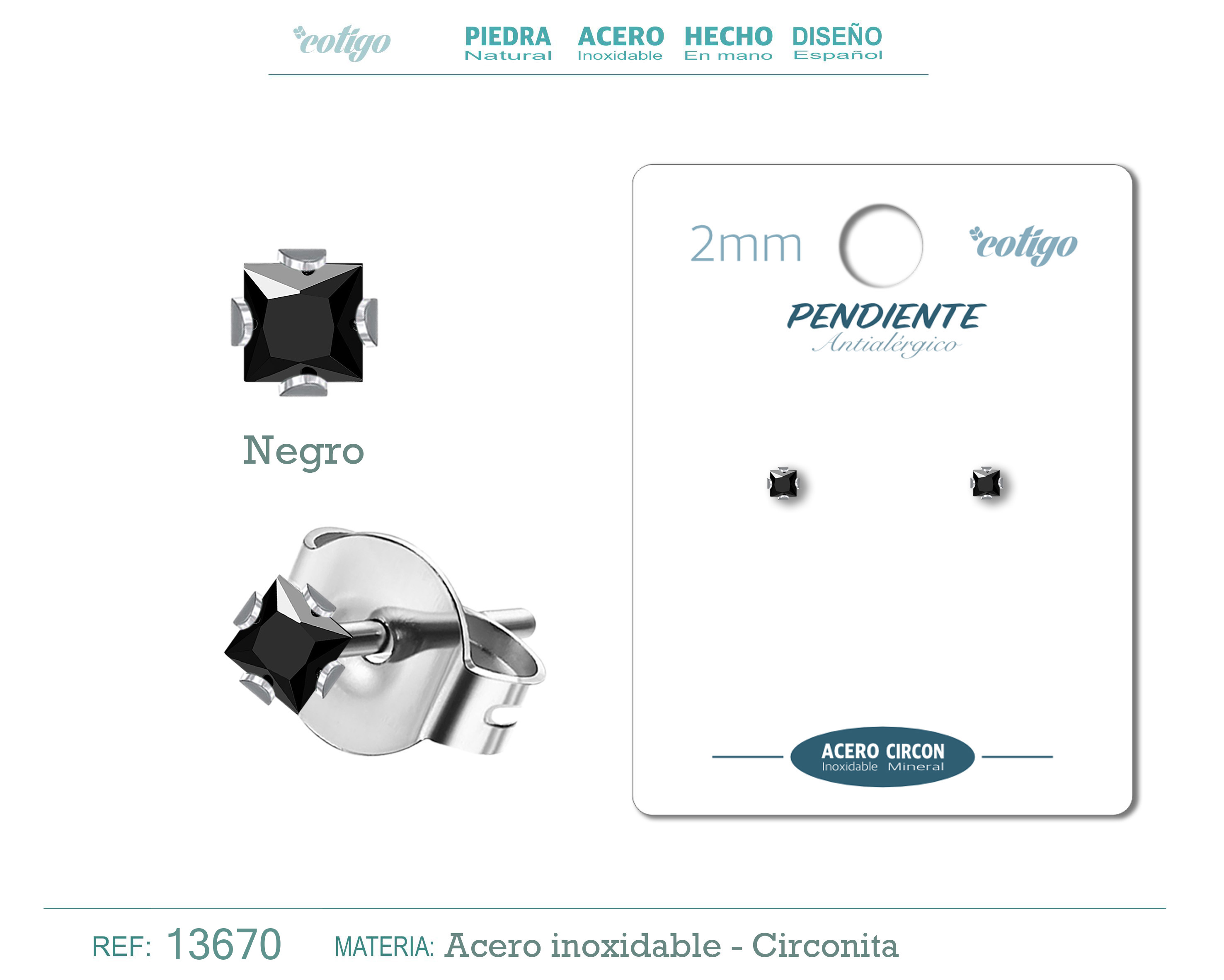 Pendiente Circonita Cuadrado-Negro-2mm-Base Acero Plateado