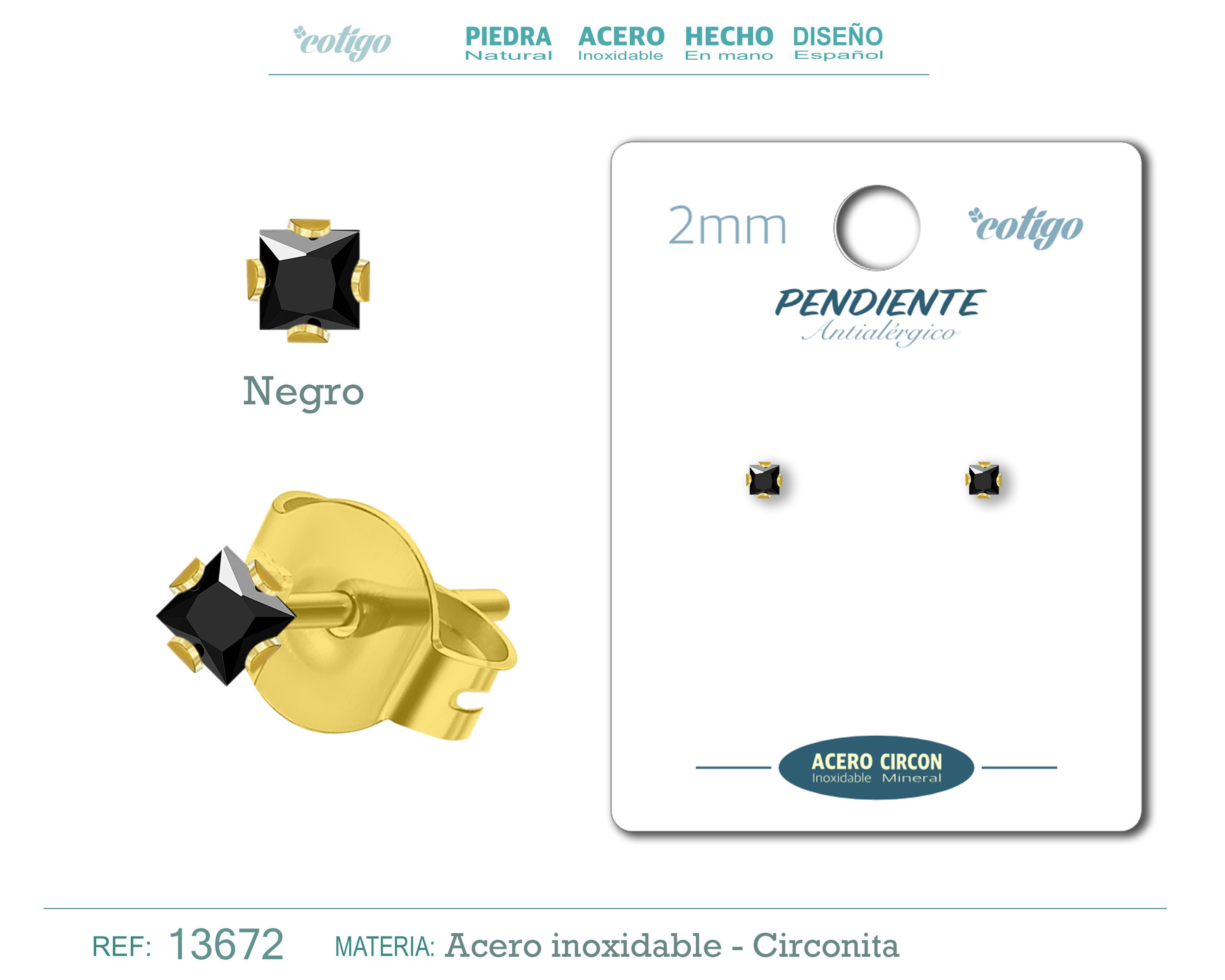 Pendiente Circonita Cuadrado-Negro-2mm-Base Acero Dorado
