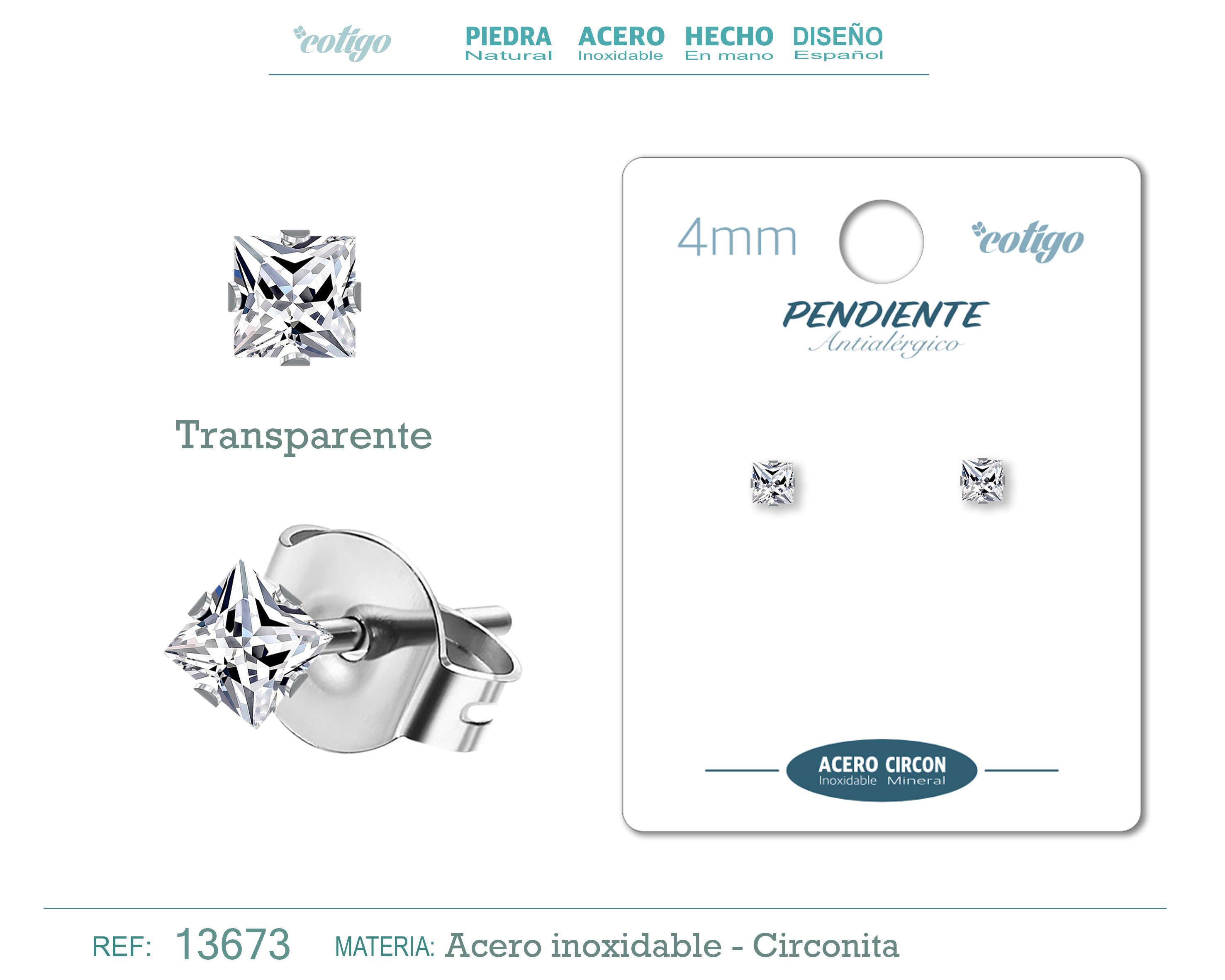Pendiente Circonita Cuadrado-Transparente-4mm-Base Acero Plateado