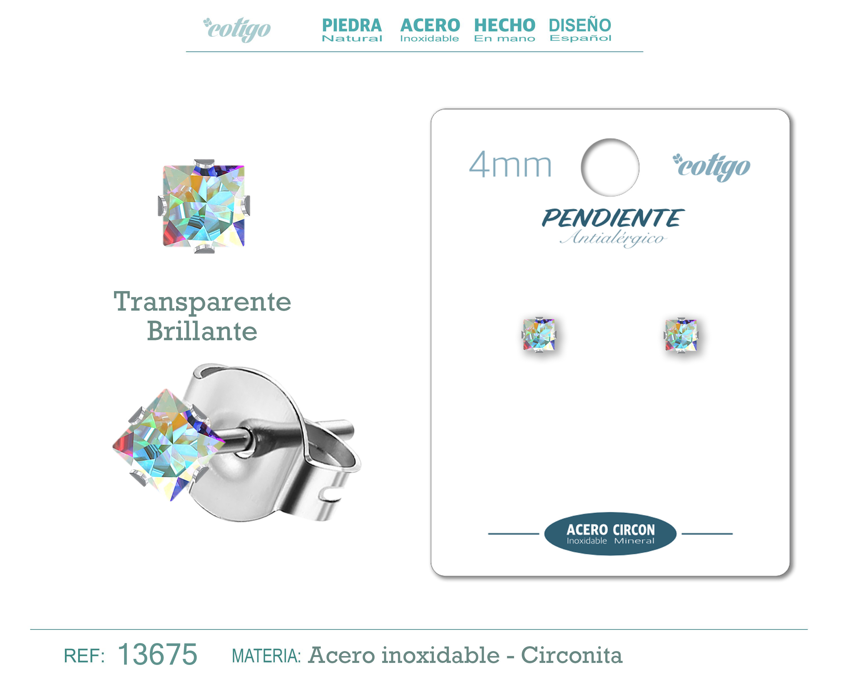 Pendiente Circonita Cuadrado-Multicolor-4mm-Base Acero Plateado
