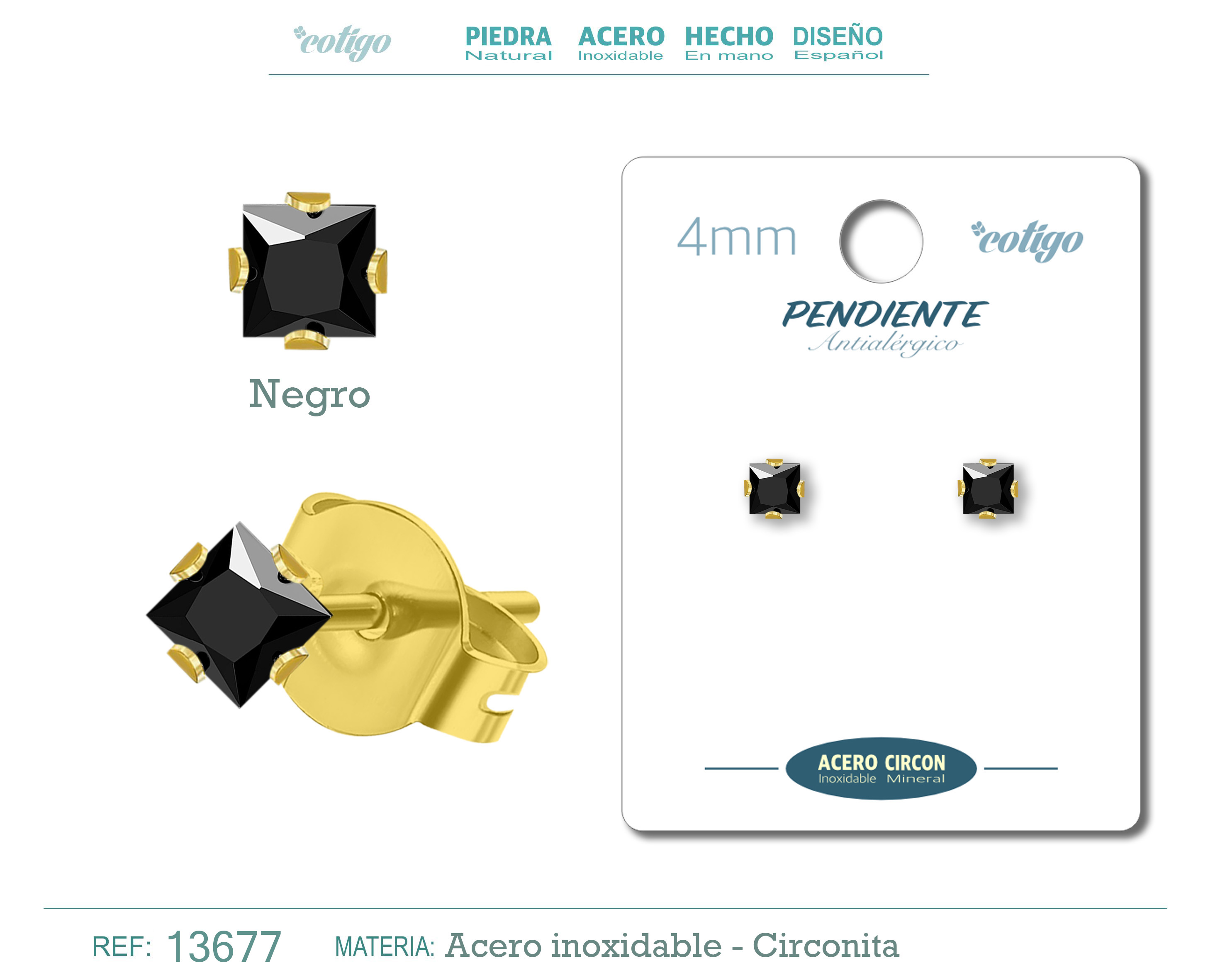 Pendiente Circonita Cuadrado-Negro-4mm-Base Acero Dorado