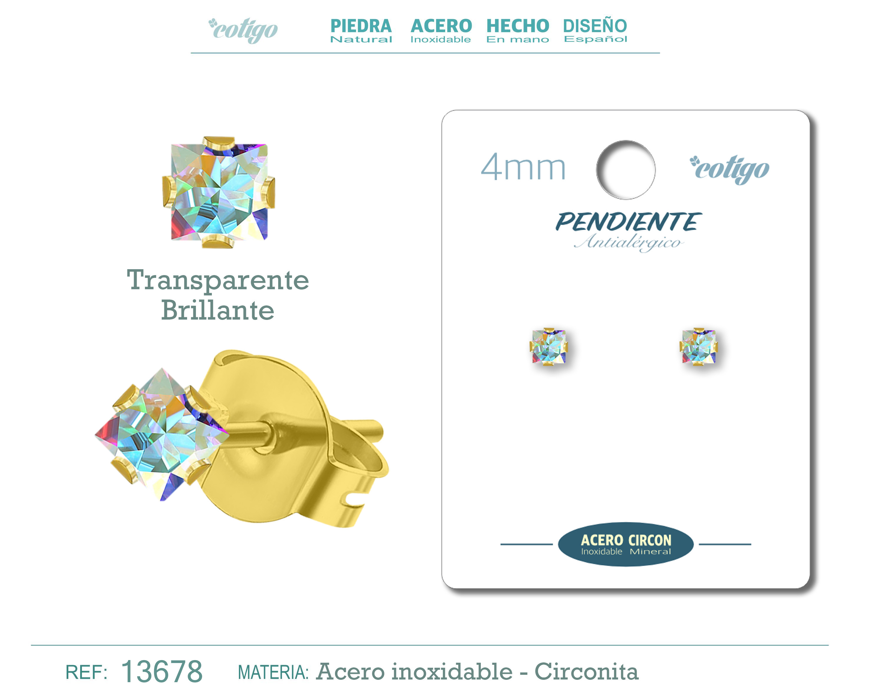 Pendiente Circonita Cuadrado-Transparente brillante-4mm-Base Acero Dorado