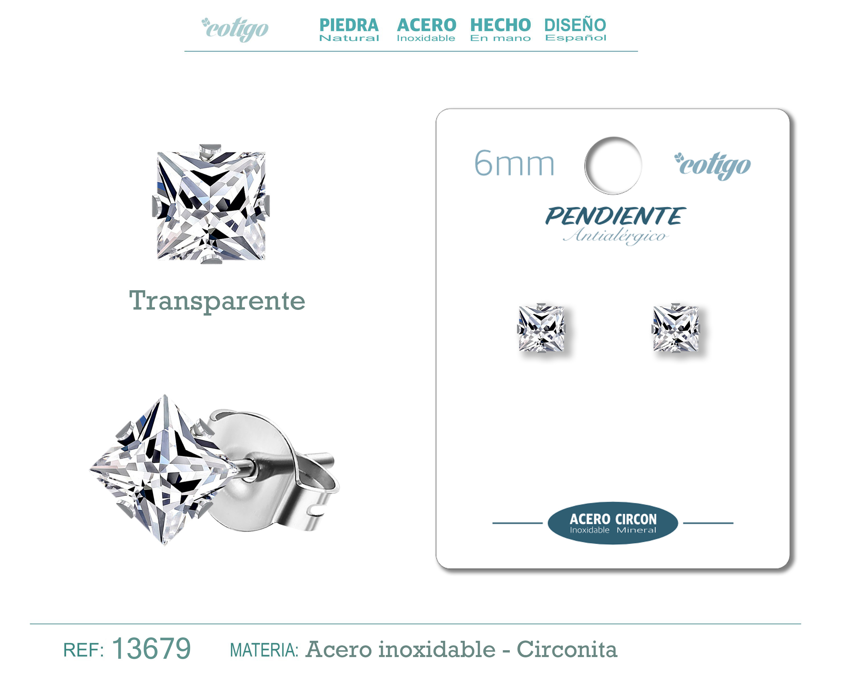 Pendiente Circonita Cuadrado-Transparente-6mm-Base Acero Plateado