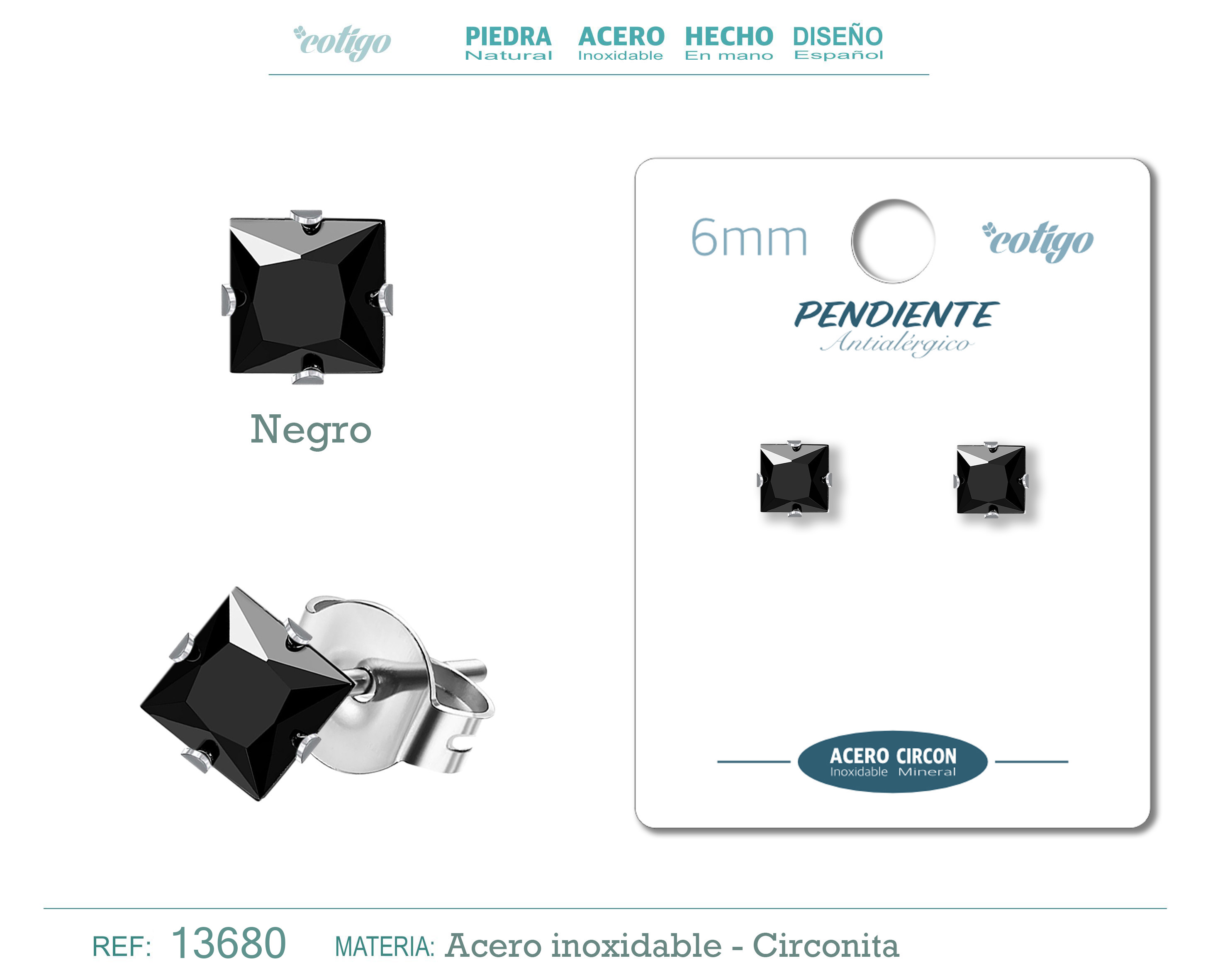 Pendiente Circonita Cuadrado-Negro-6mm-Base Acero Plateado