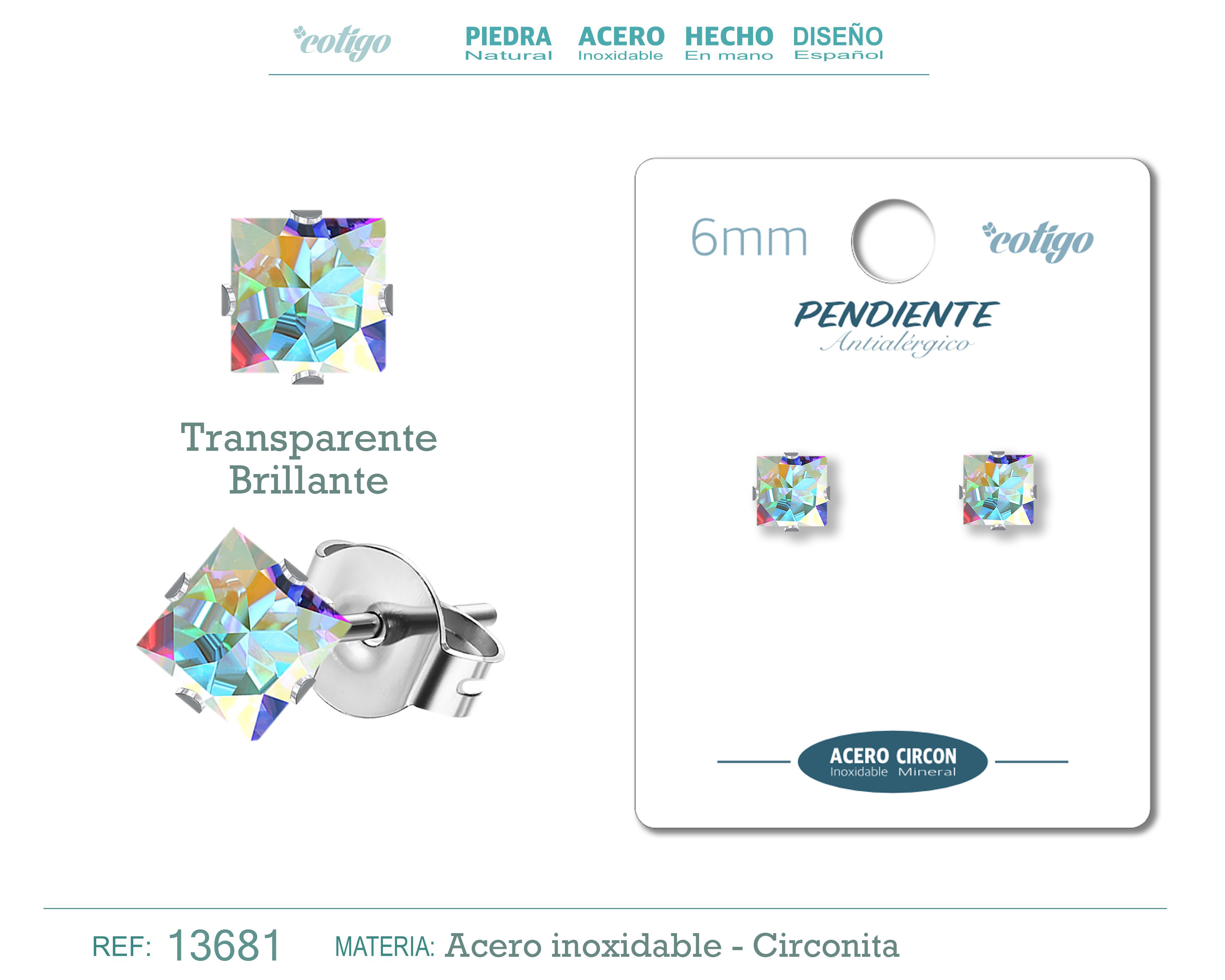 Pendiente Circonita Cuadrado-Multicolor-6mm-Base Acero Plateado