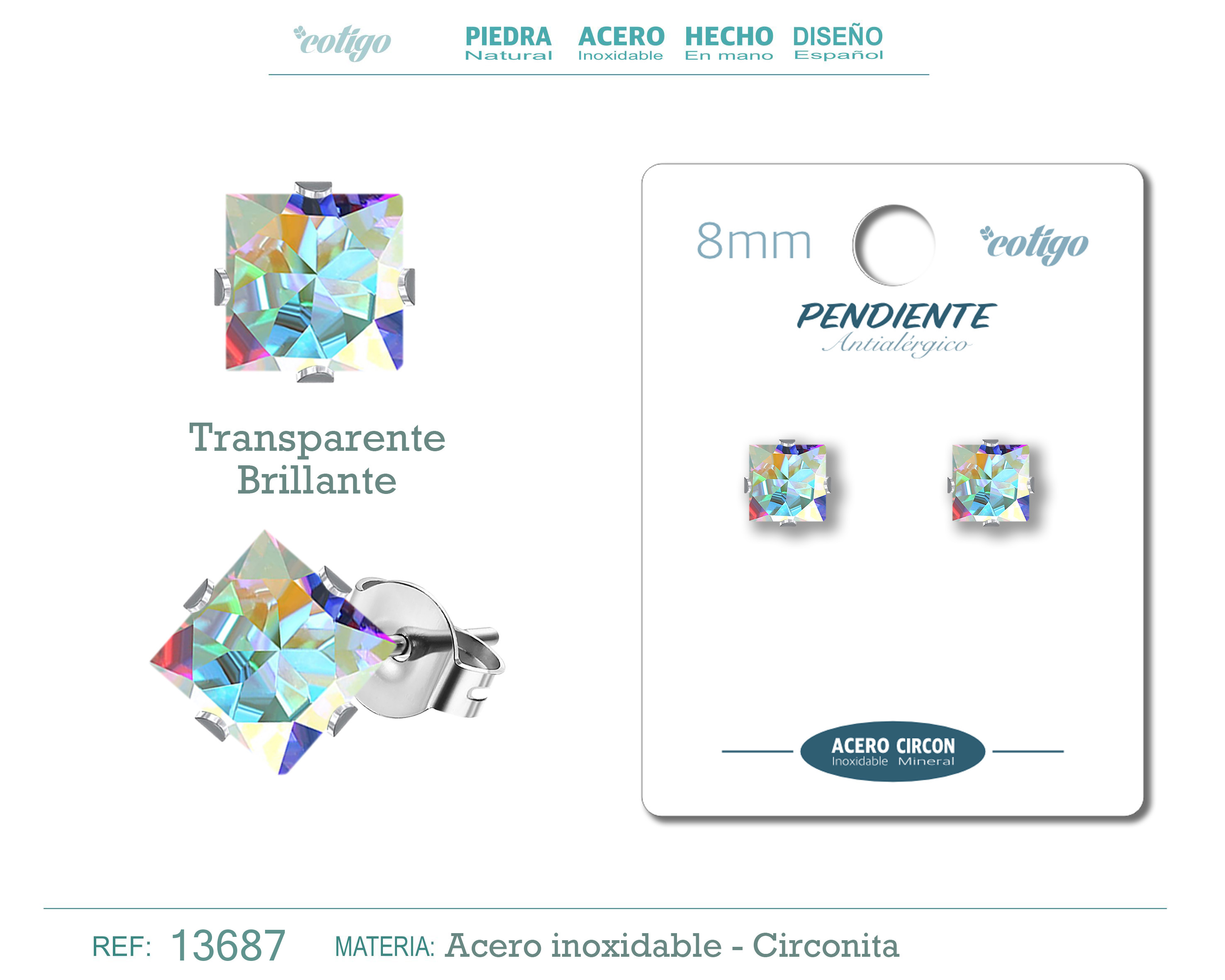 Pendiente Circonita Cuadrado-Multicolor-8mm-Base Acero Plateado