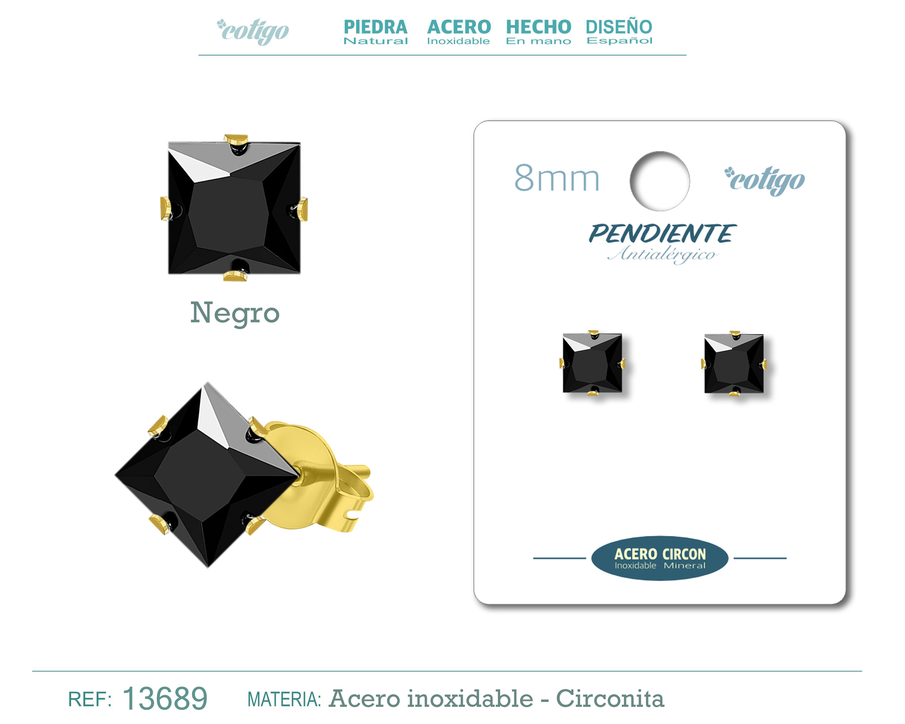 Pendiente Circonita Cuadrado-Negro-8mm-Base Acero Dorado