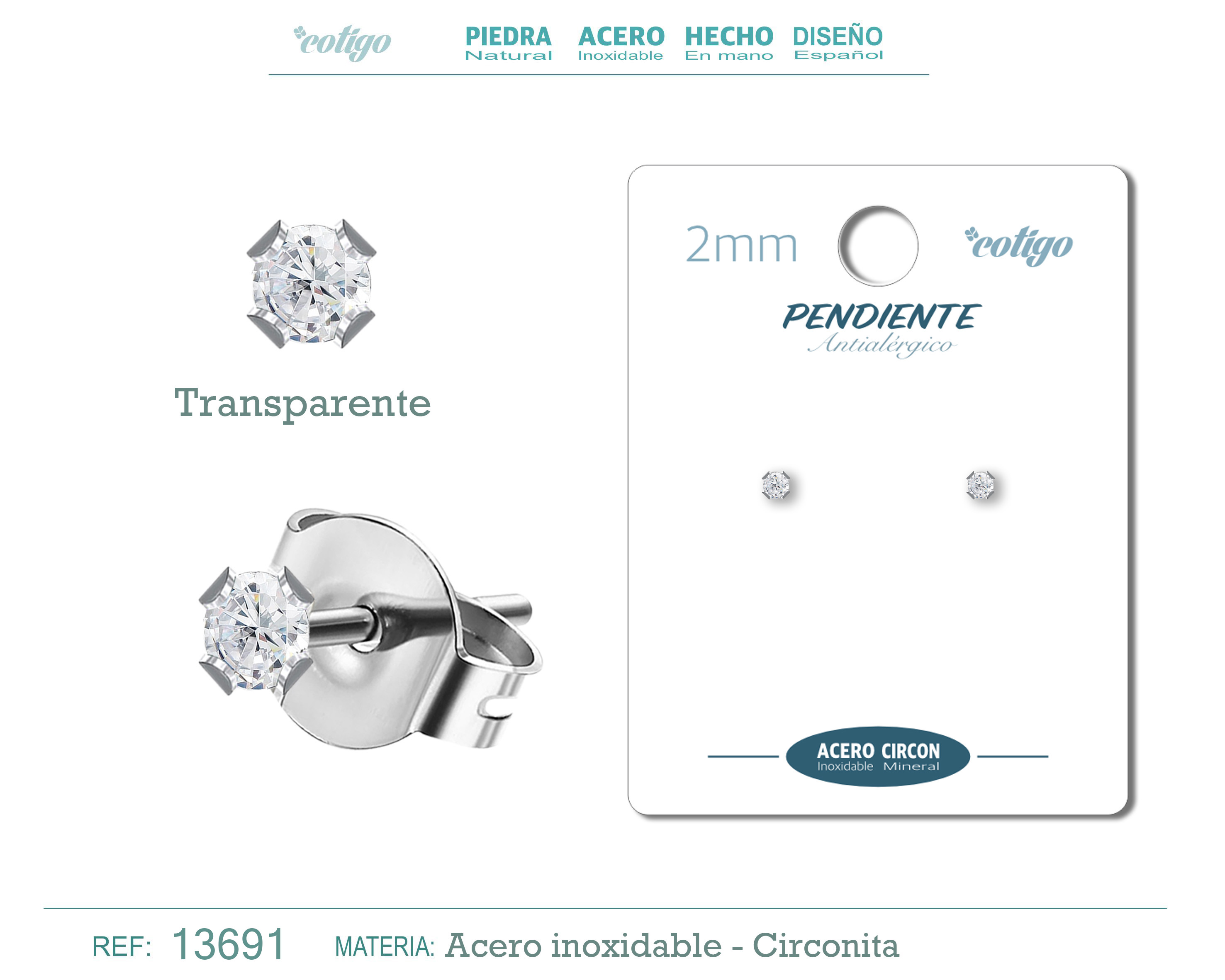 Pendiente Circonita Redondo-Transparente-2mm-Base Acero Plateado