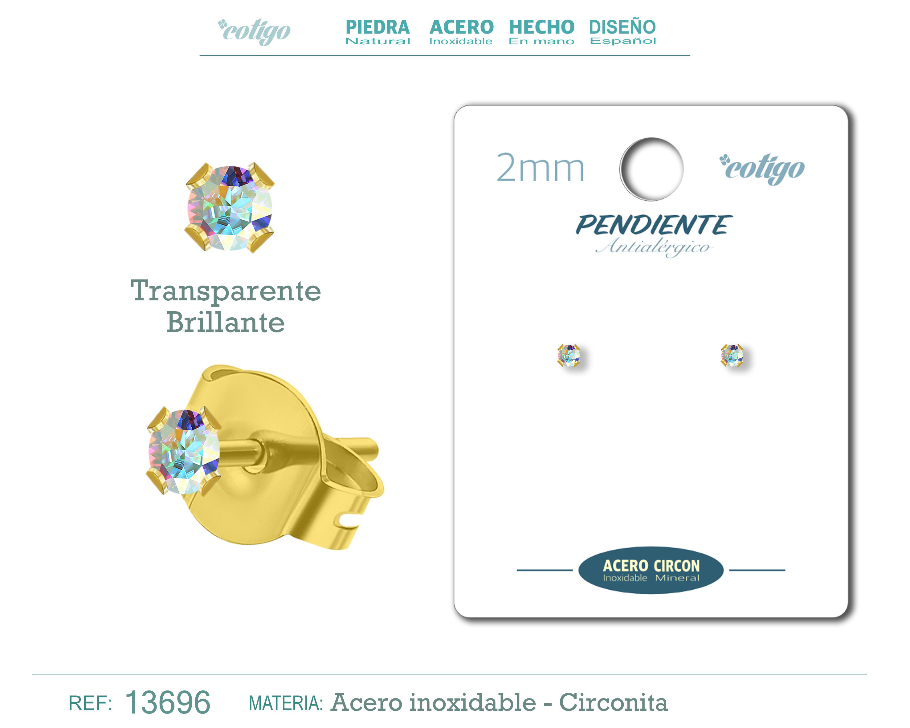 Pendiente Circonita Redondo-Transparente brillante-2mm-Base Acero Dorado