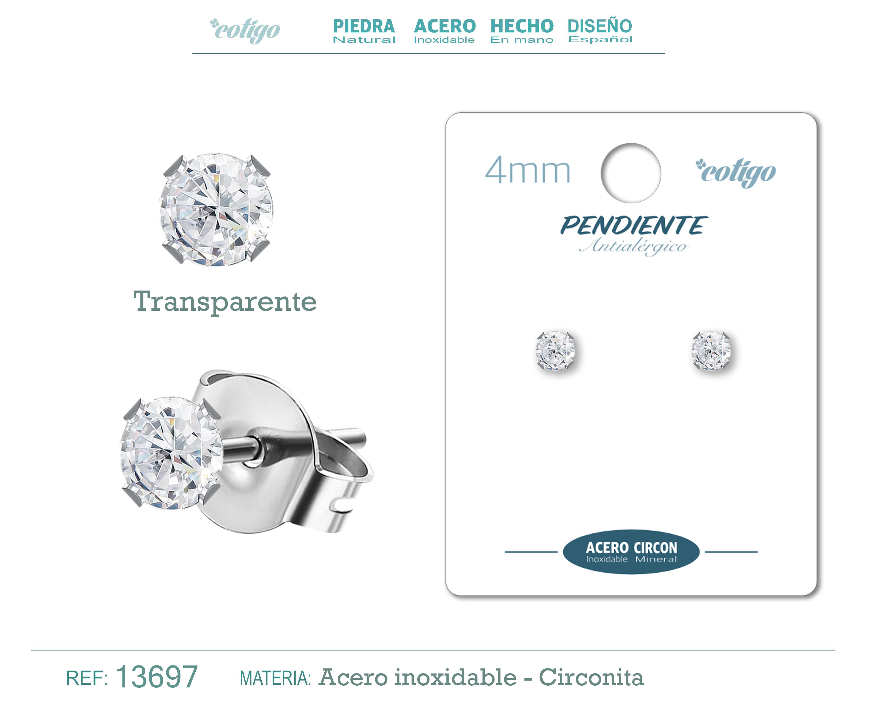 Pendiente Circonita Redondo-Transparente-4mm-Base Acero Plateado