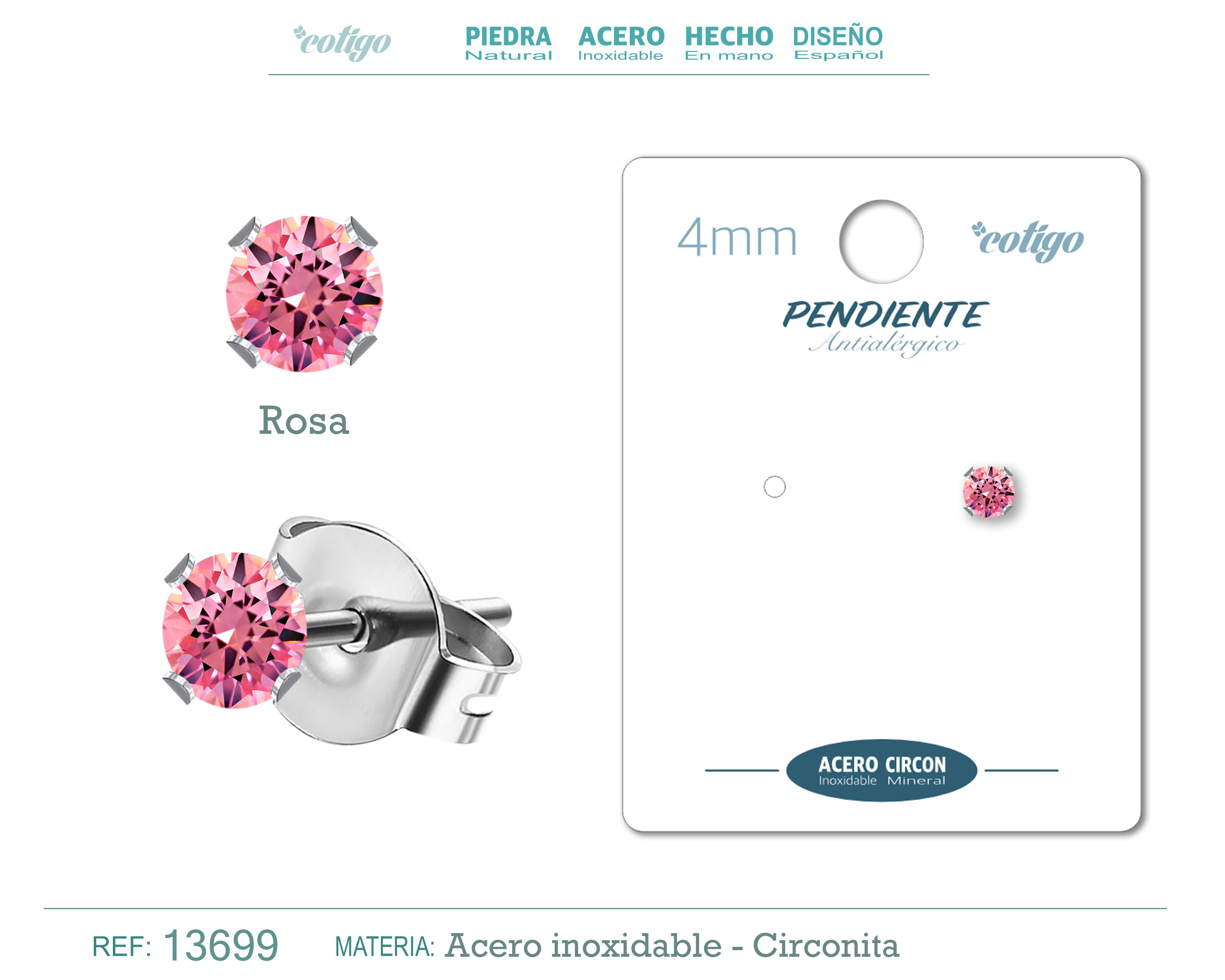 Pendiente Circonita Redondo-Rosa-4mm-Base Acero Plateado