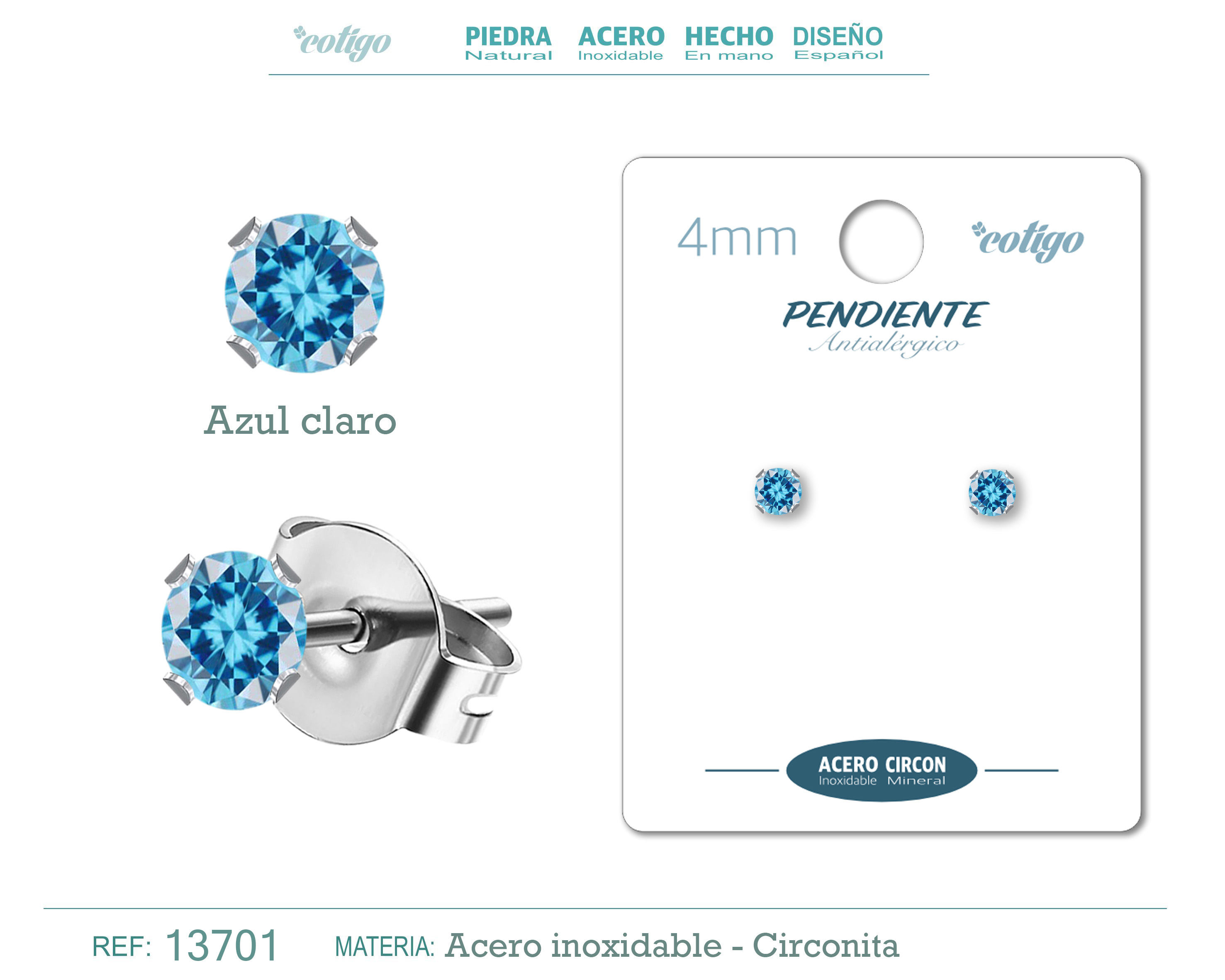 Pendiente Circonita Redondo-Azul Claro-4mm-Base Acero Plateado