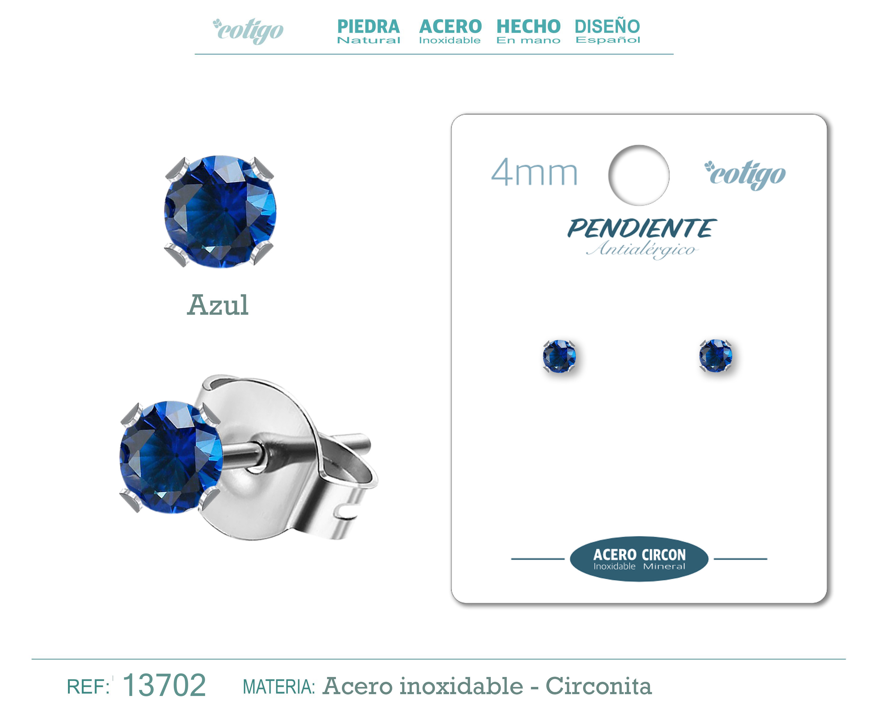 Pendiente Circonita Redondo-Azul-4mm-Base Acero Plateado