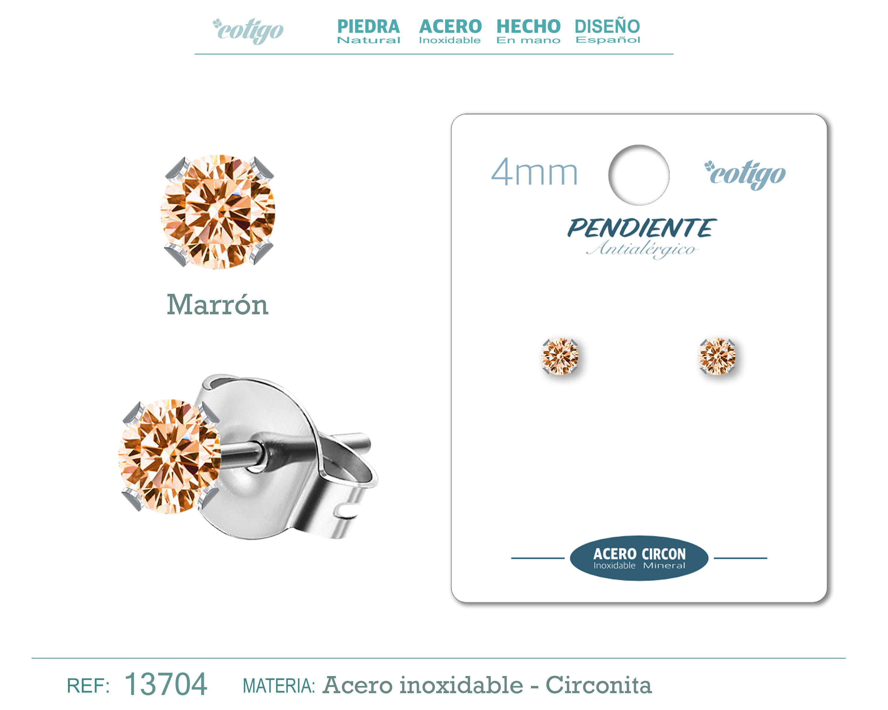 Pendiente Circonita Redondo-Marron-4mm-Base Acero Plateado