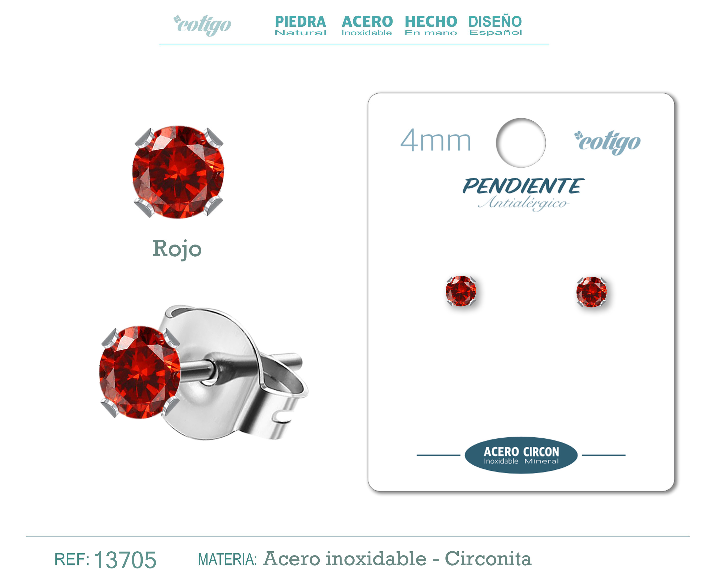 Pendiente Circonita Redondo-Rojo-4mm-Base Acero Plateado