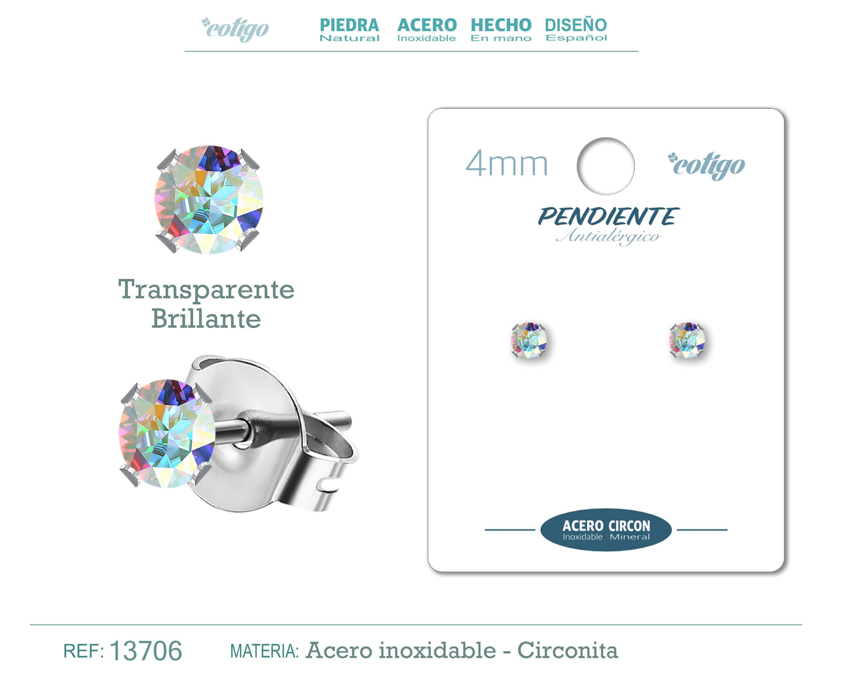 Pendiente Circonita Redondo-Multicolor-4mm-Base Acero Plateado