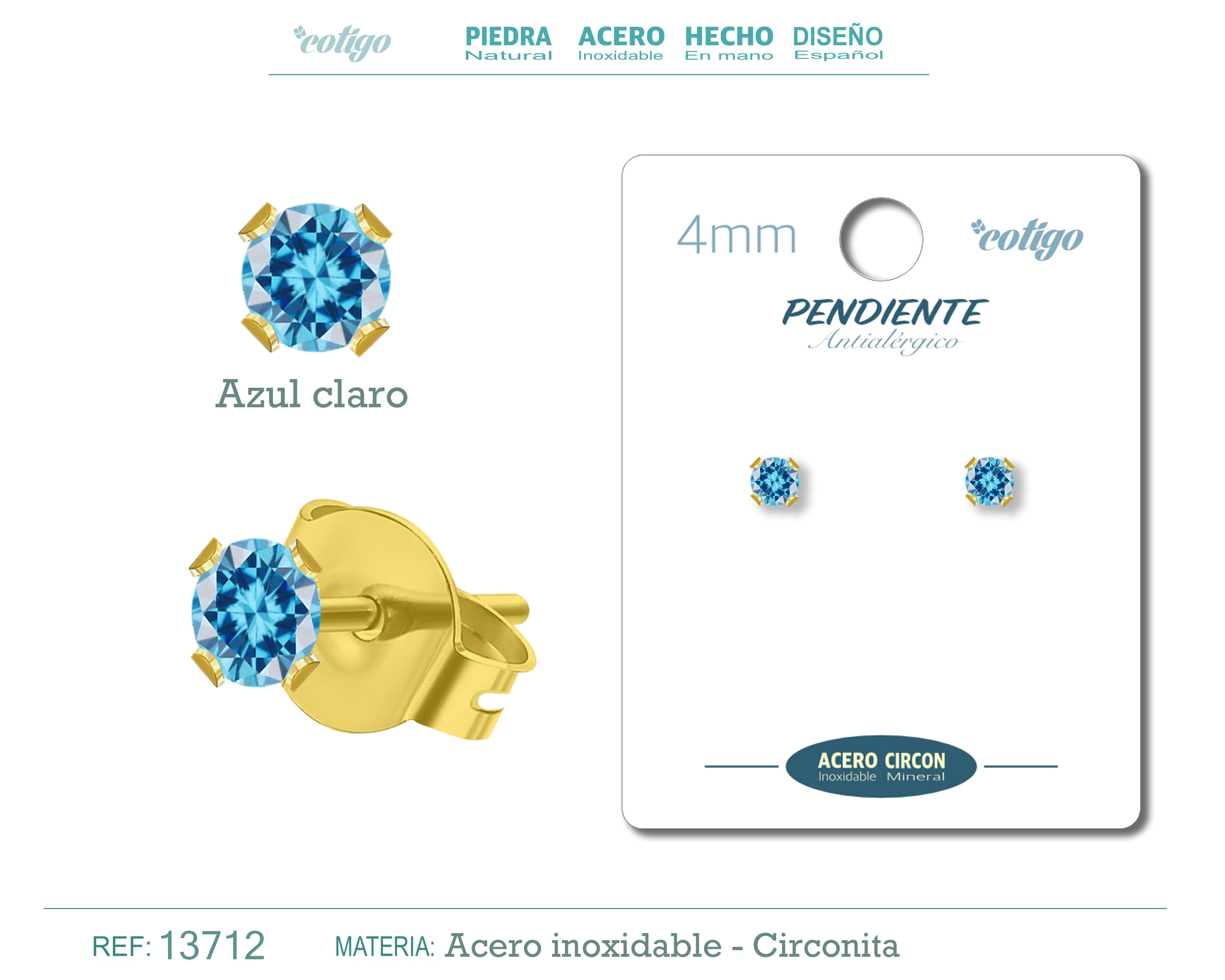 Pendiente Circonita Redondo-Azul claro-4mm-Base Acero Dorado