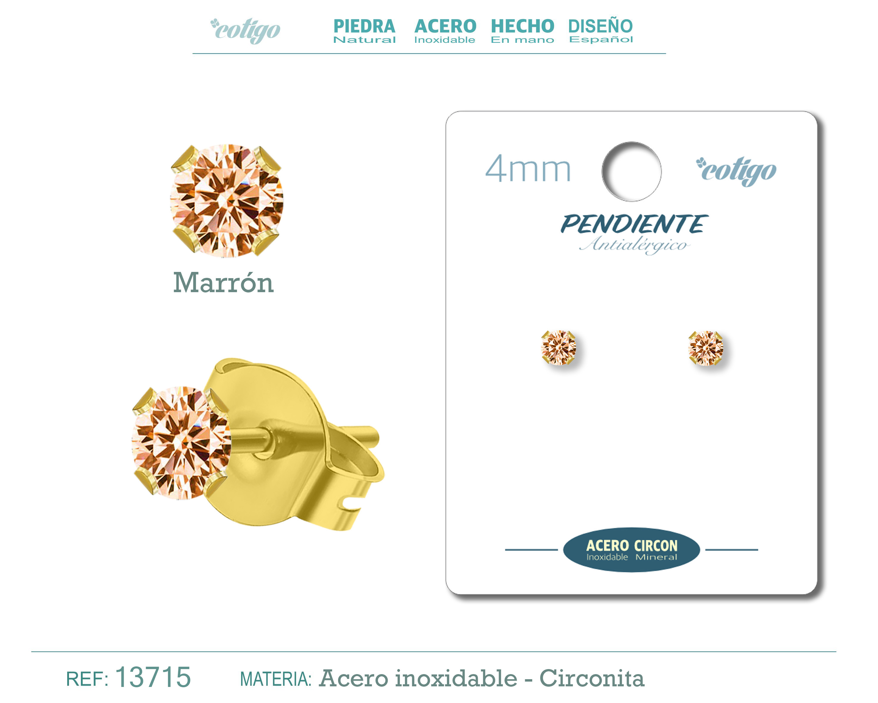 Pendiente Circonita Redondo-Marrón-4mm-Base Acero Dorado