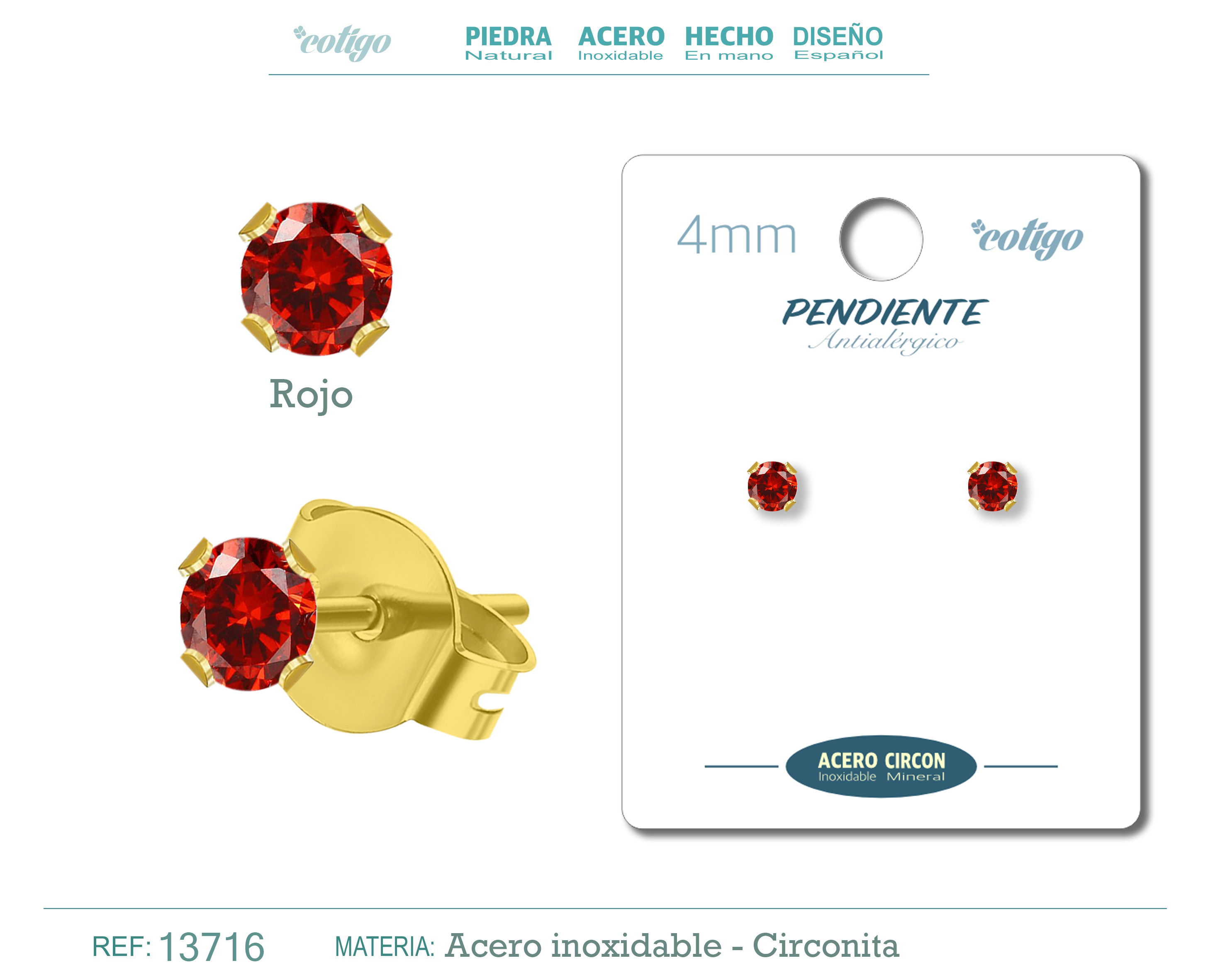 Pendiente Circonita Redondo-Rojo-4mm-Base Acero Dorado