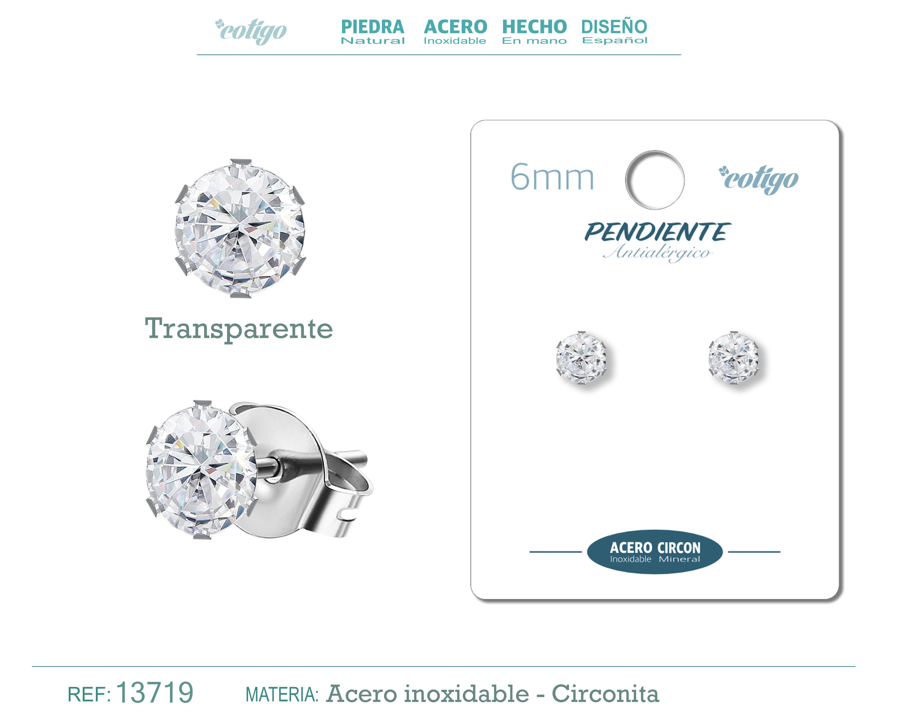 Pendiente Circonita Redondo-Transparenteo-6mm-Base Acero Plateado