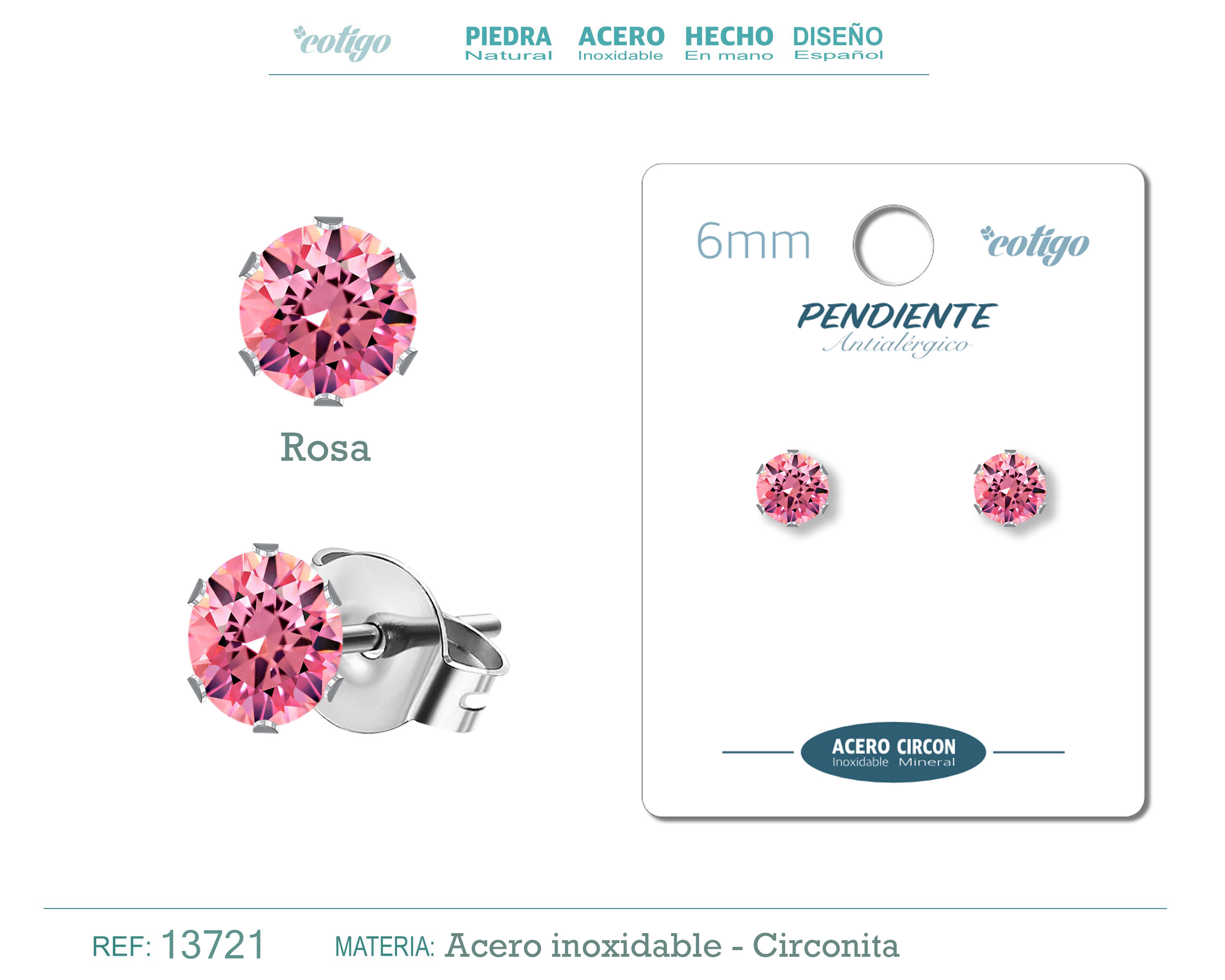 Pendiente Circonita Redondo-Rosa-6mm-Base Acero Plateado