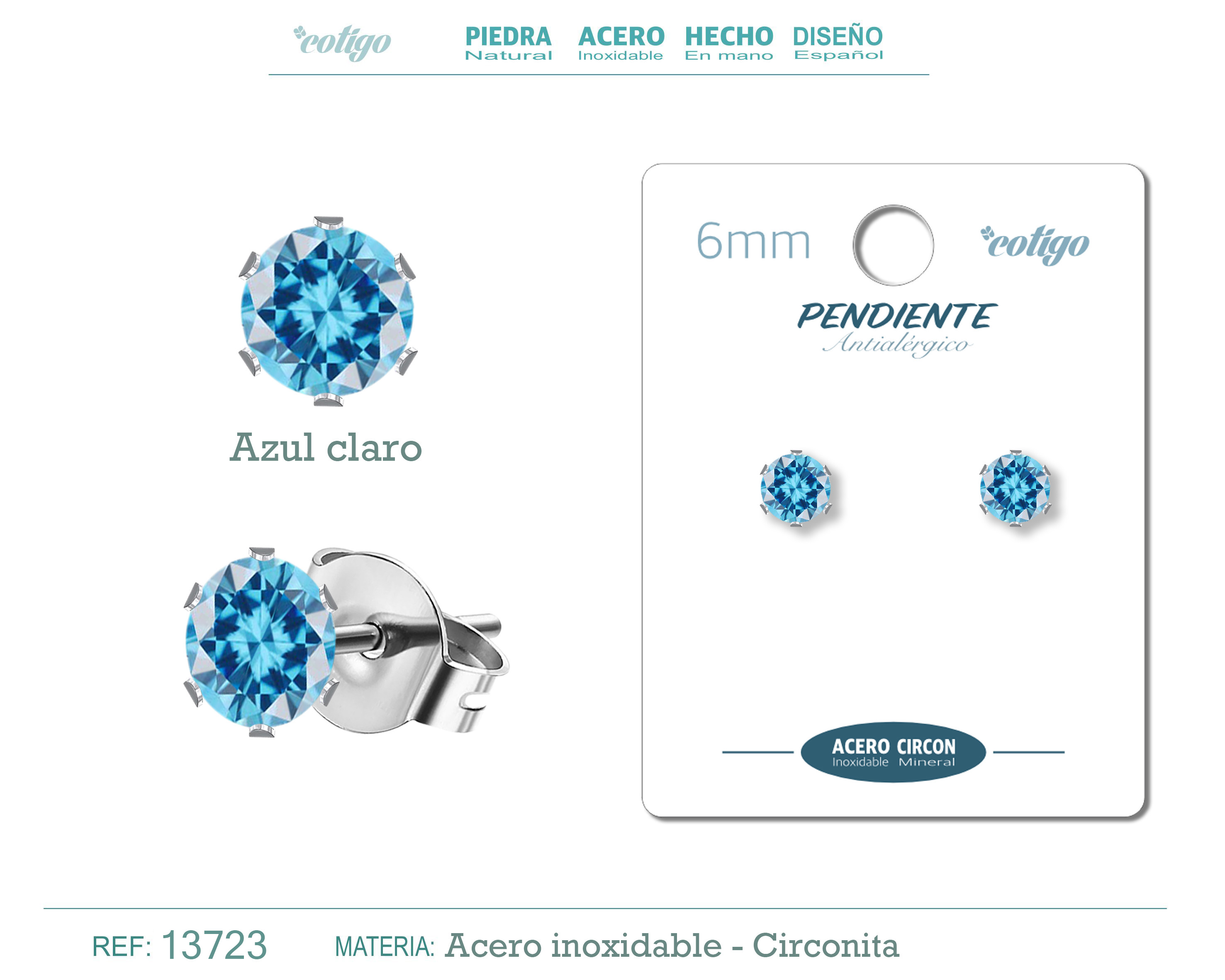 Pendiente Circonita Redondo-Azul Claro-6mm-Base Acero Plateado