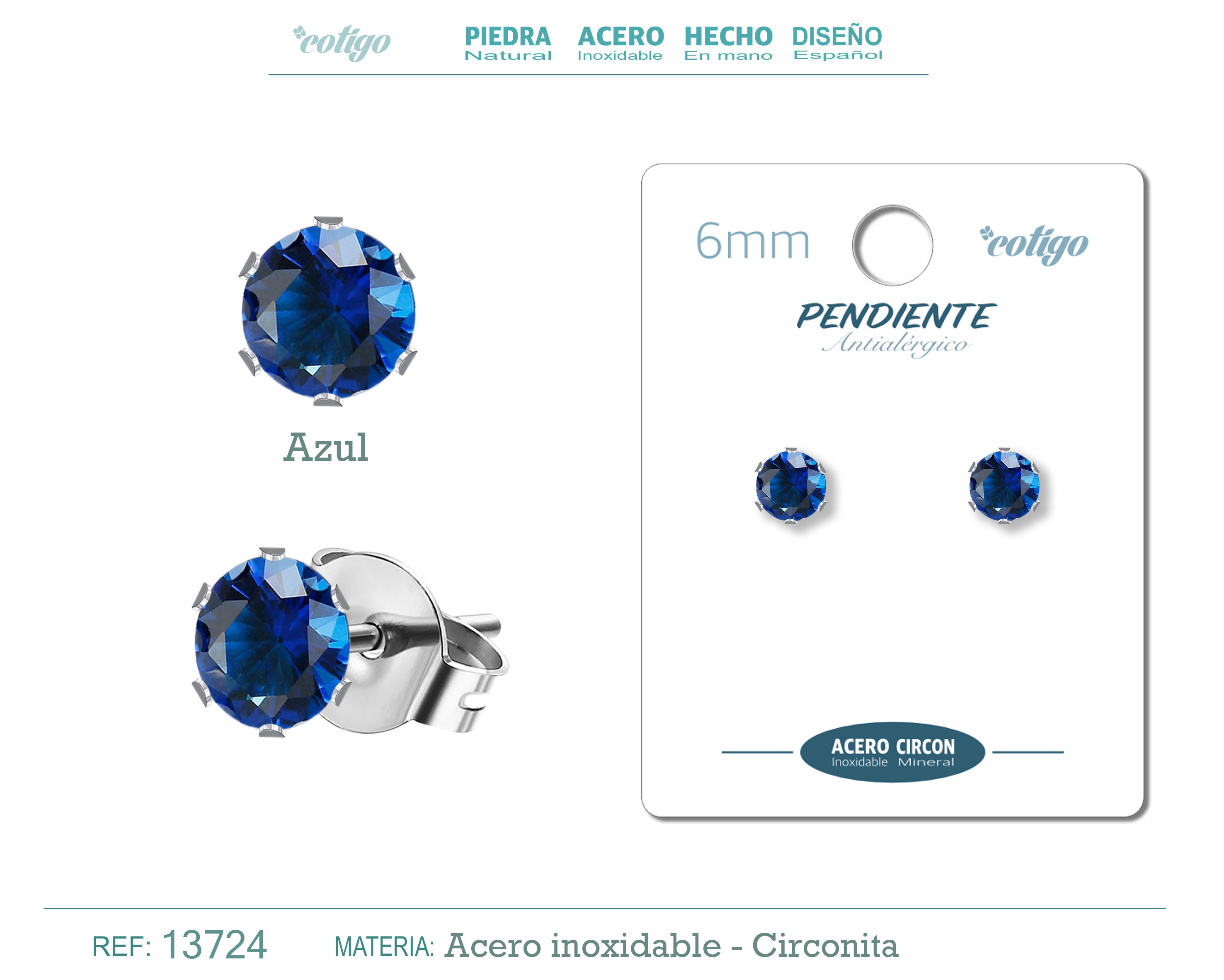 Pendiente Circonita Redondo-Azul-6mm-Base Acero Plateado