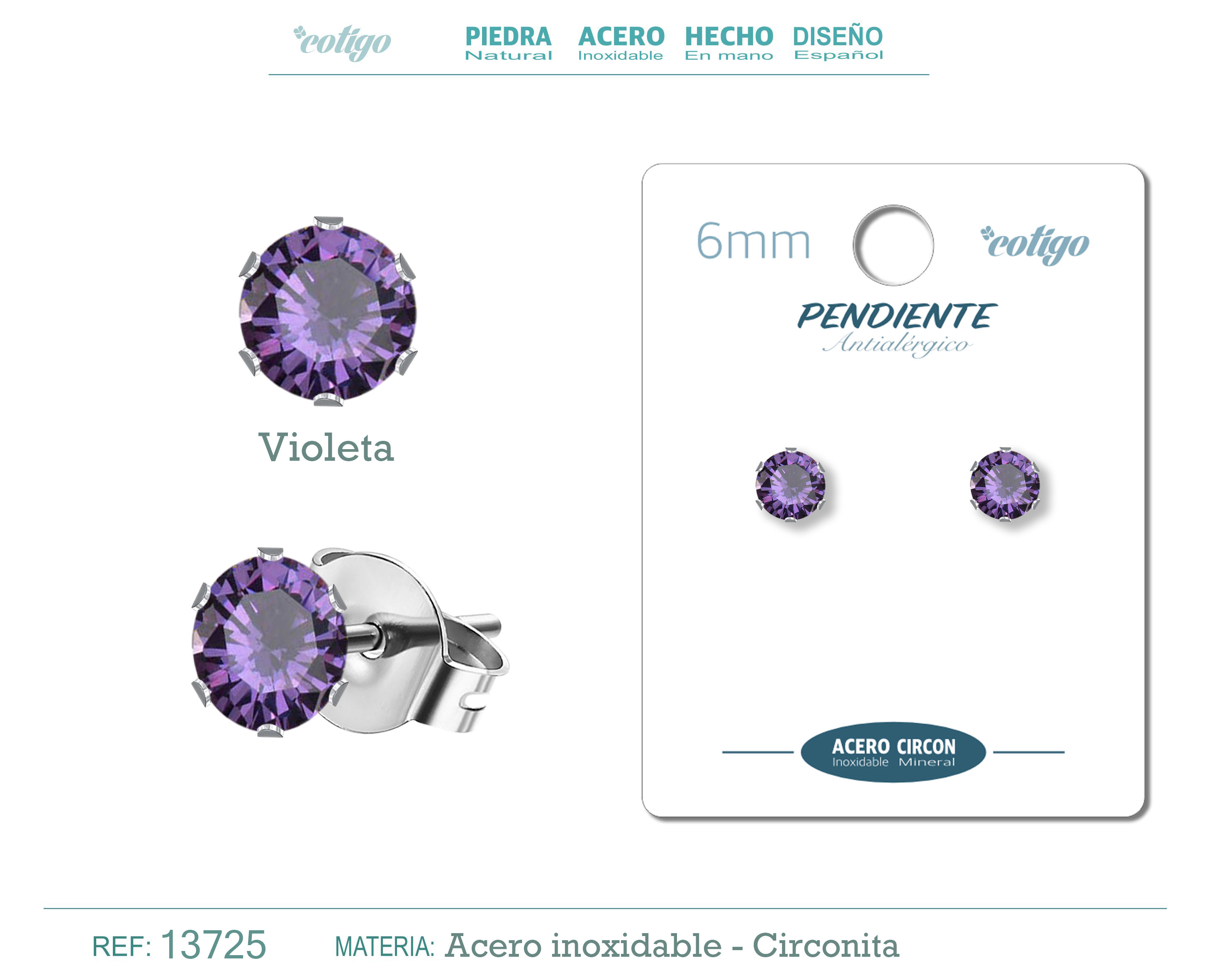 Pendiente Circonita Redondo-Violeta-6mm-Base Acero Plateado