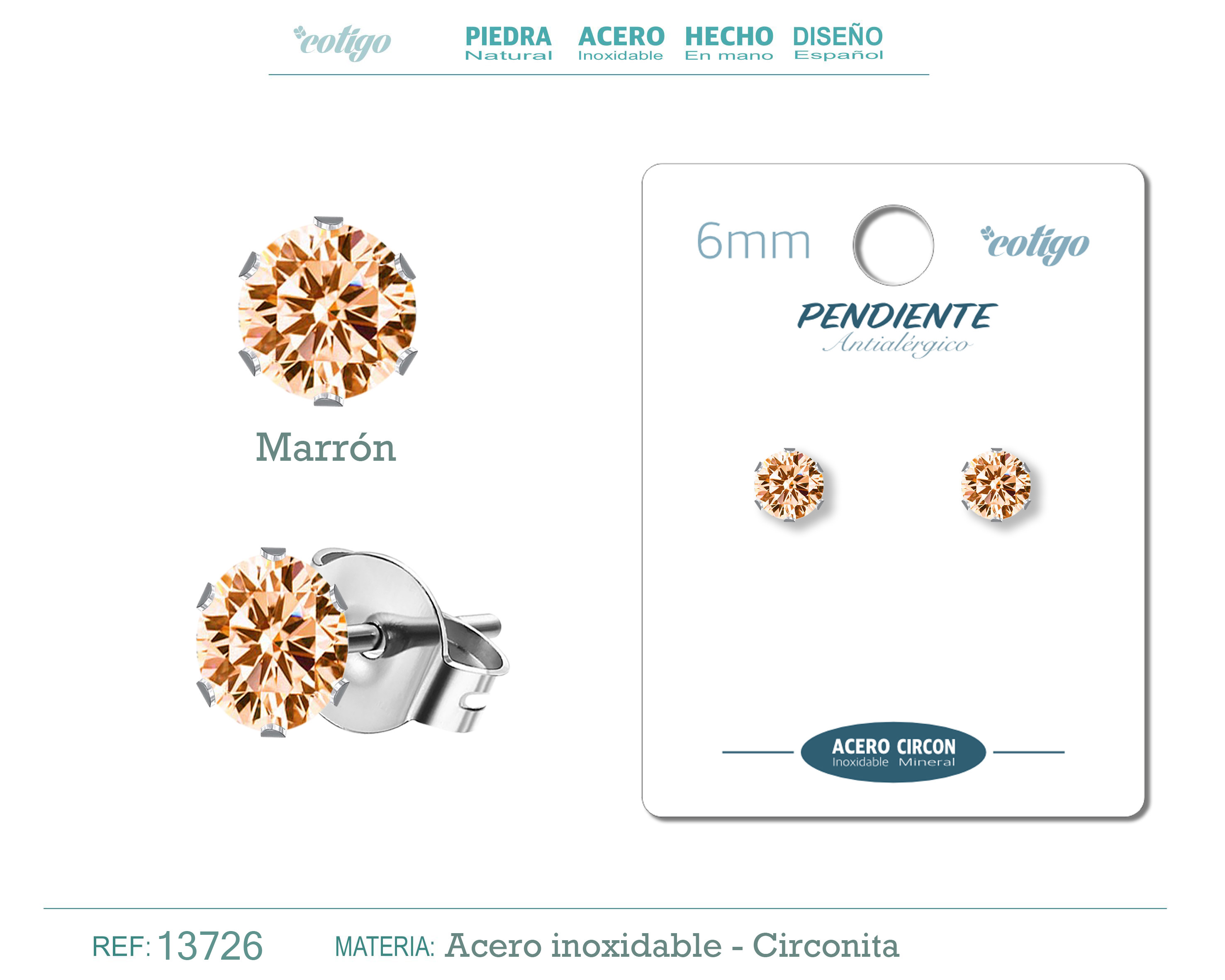 Pendiente Circonita Redondo-Marron-6mm-Base Acero Plateado