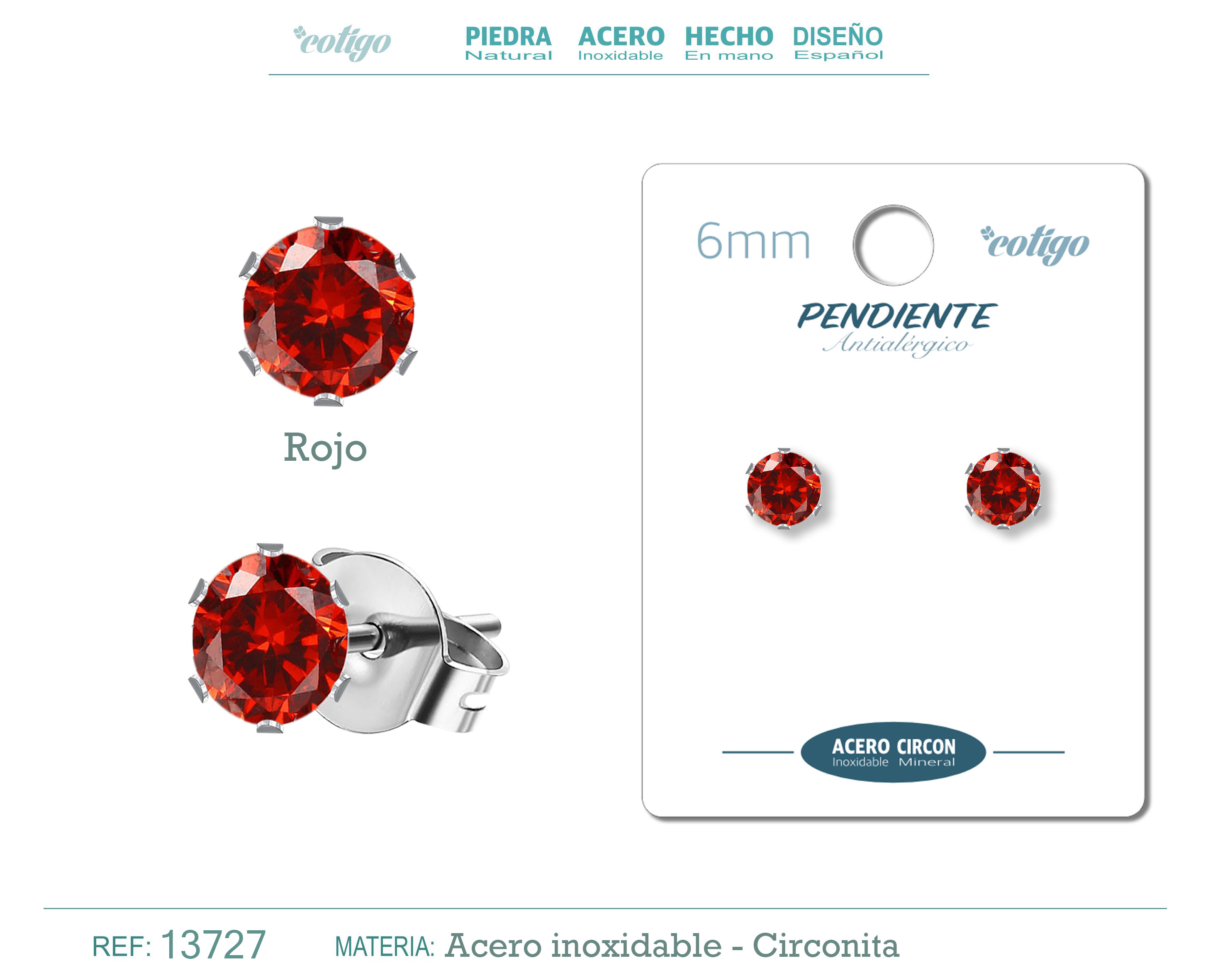 Pendiente Circonita Redondo-Rojo-6mm-Base Acero Plateado