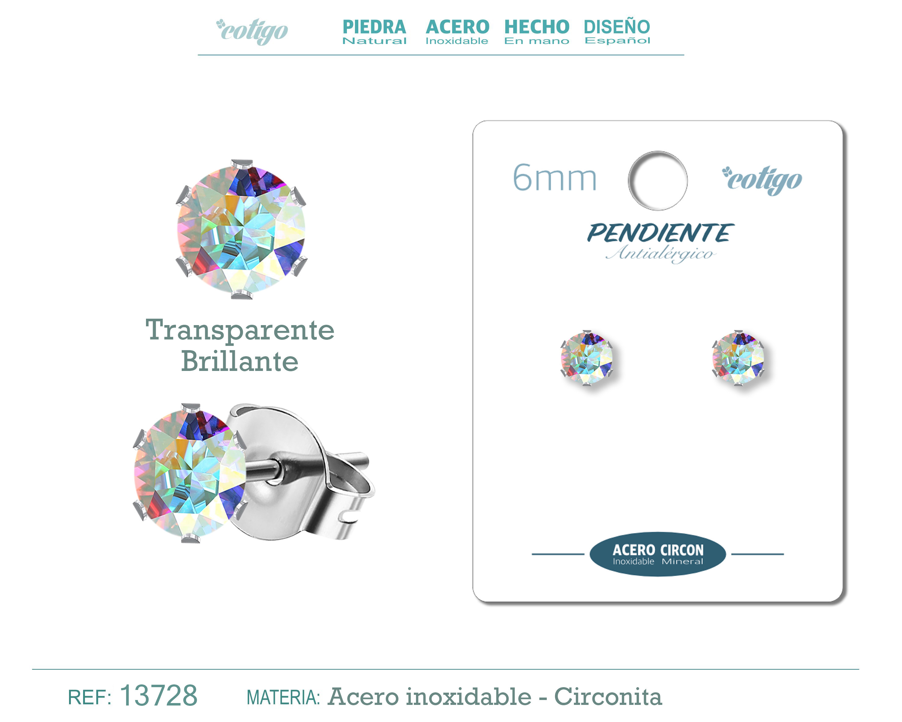 Pendiente Circonita Redondo-Multicolor-6mm-Base Acero Plateado