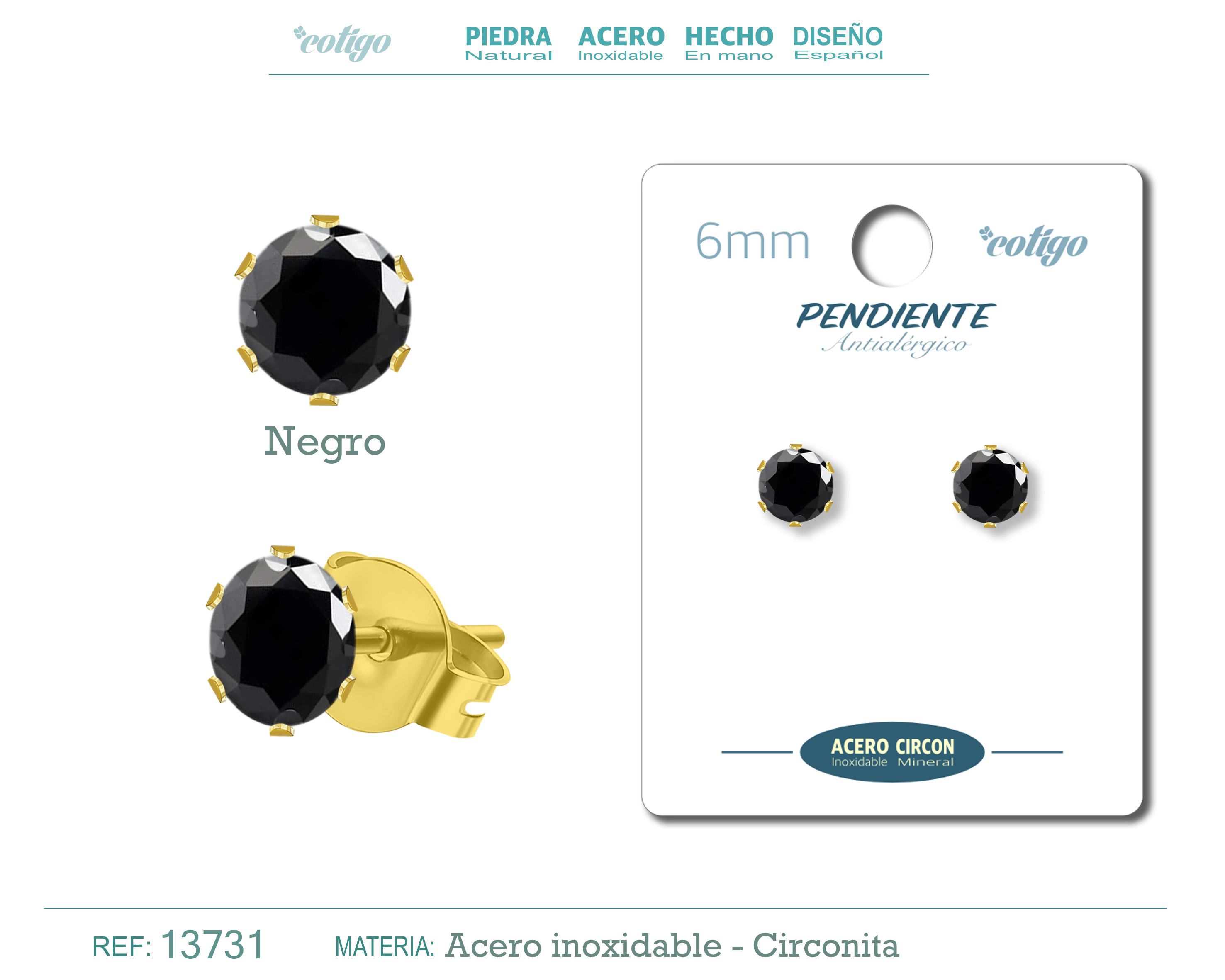 Pendiente Circonita Redondo-Negro-6mm-Base Acero Dorado