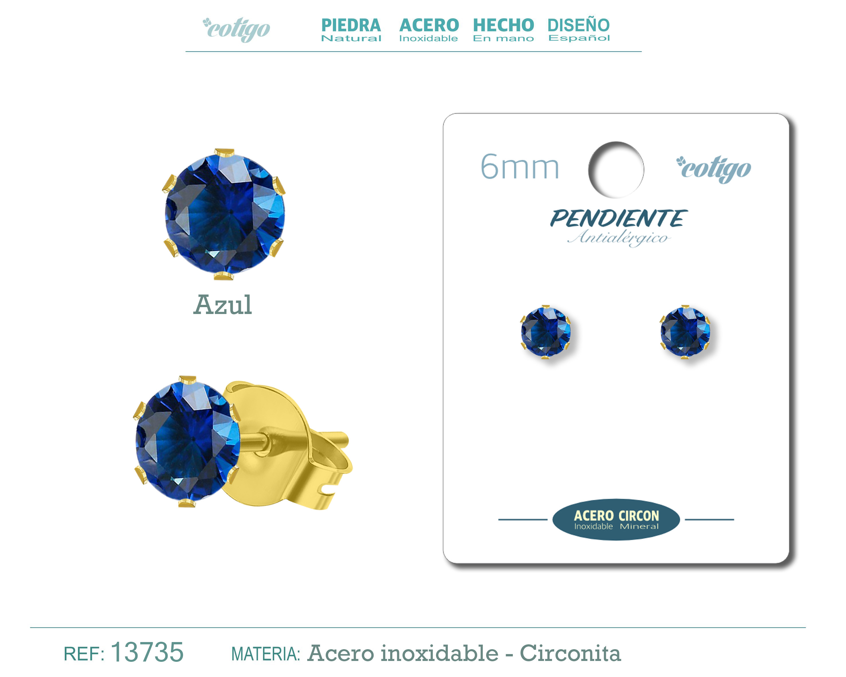 Pendiente Circonita Redondo-Azul-6mm-Base Acero Dorado