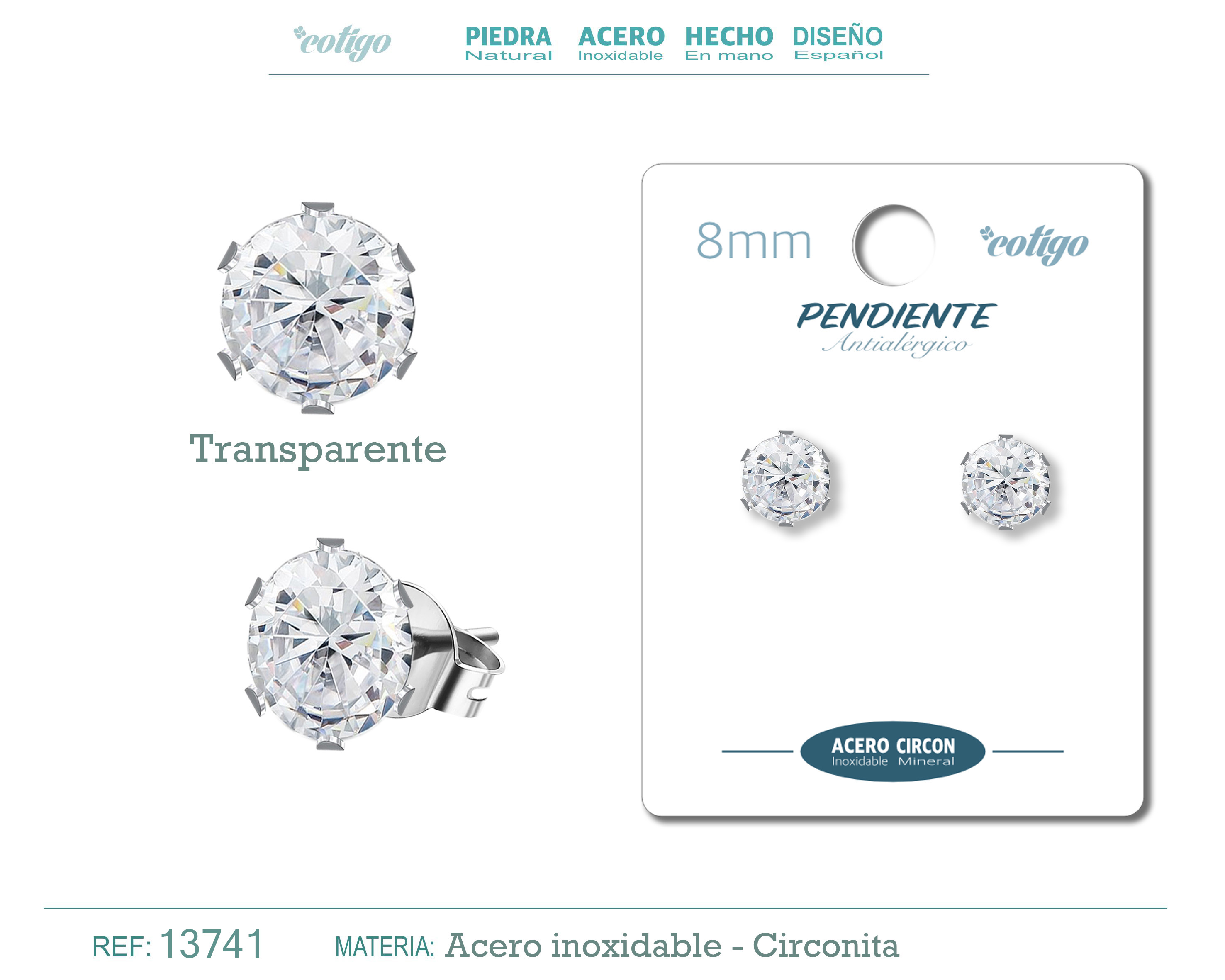 Pendiente Circonita Redondo-Transparente-8mm-Base Acero Plateado