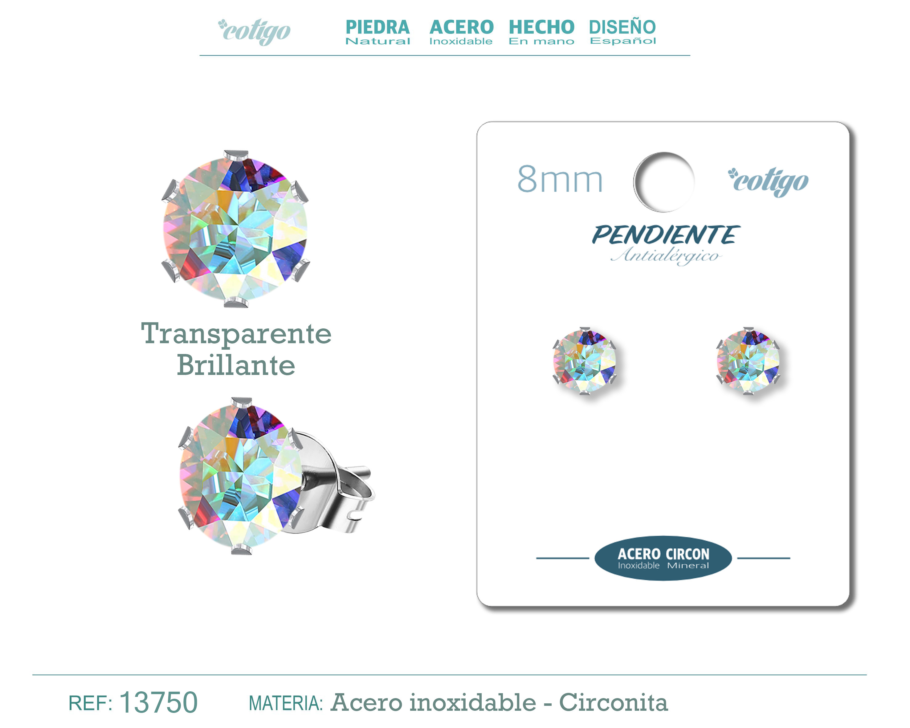Pendiente Circonita Redondo-Multicolor-8mm-Base Acero Plateado