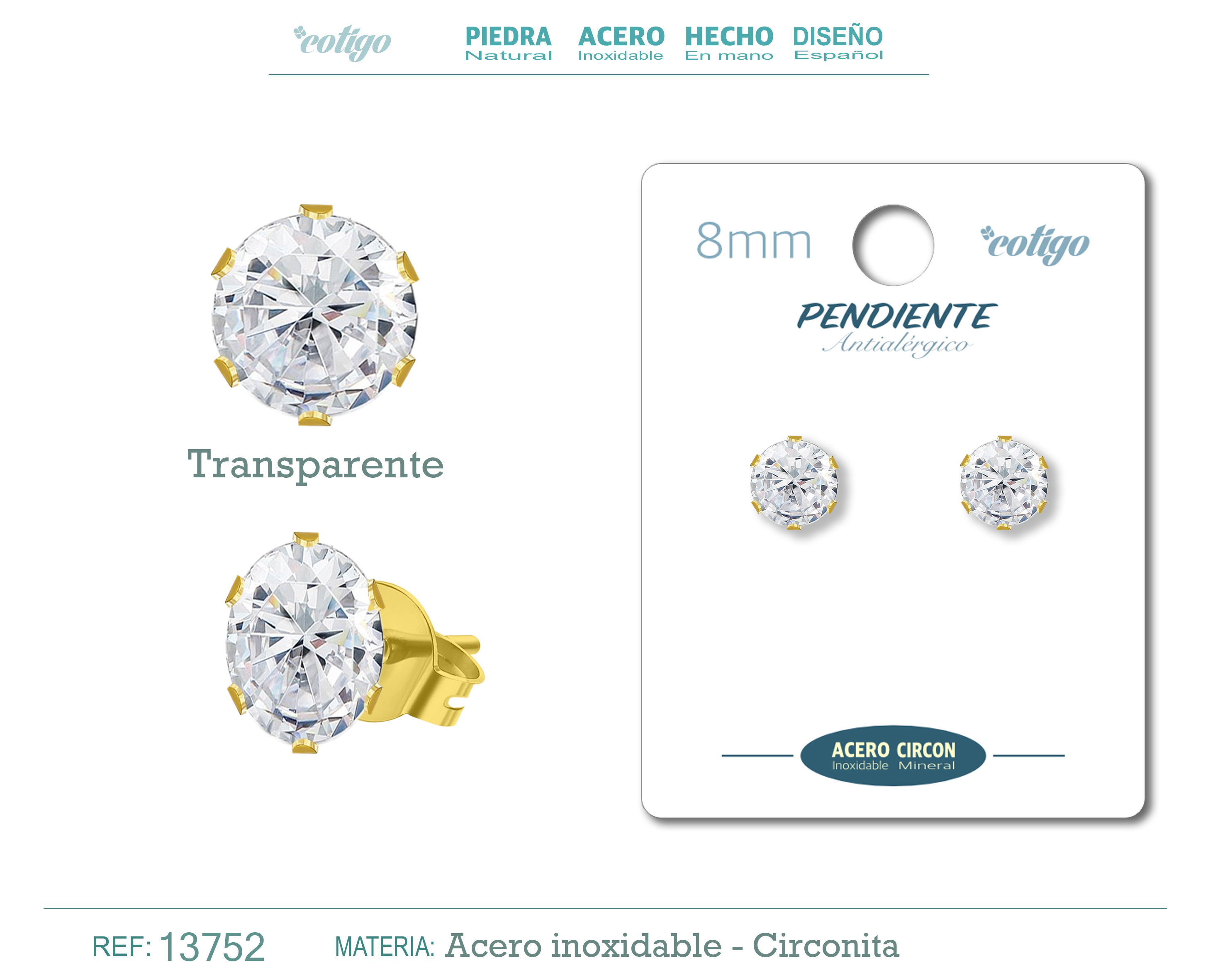 Pendiente Circonita Redondo-Multicolor-8mm-Base Acero Dorado