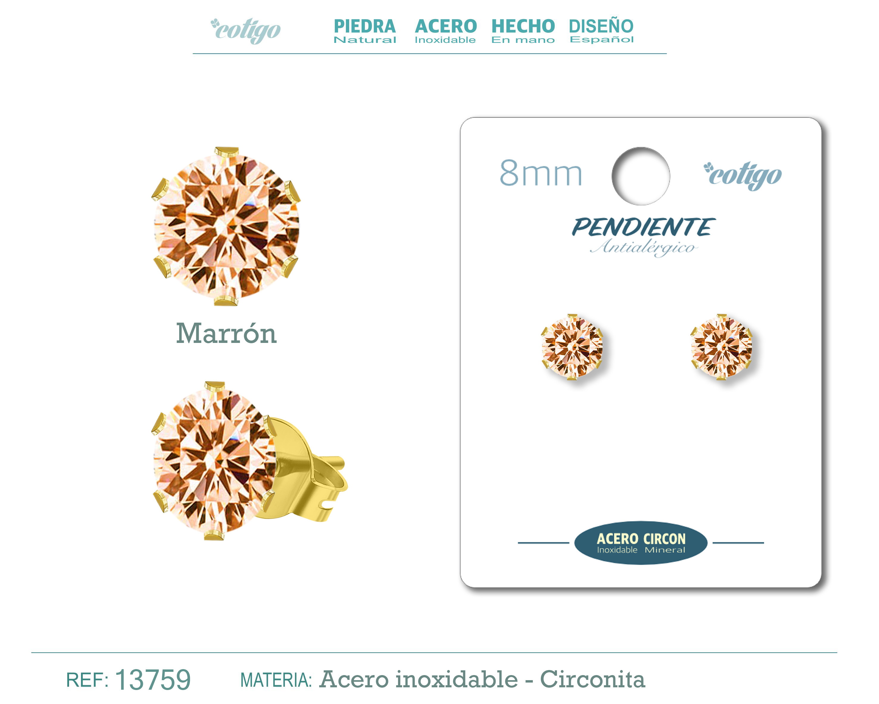 Pendiente Circonita Redondo-Marrón-8mm-Base Acero Dorado