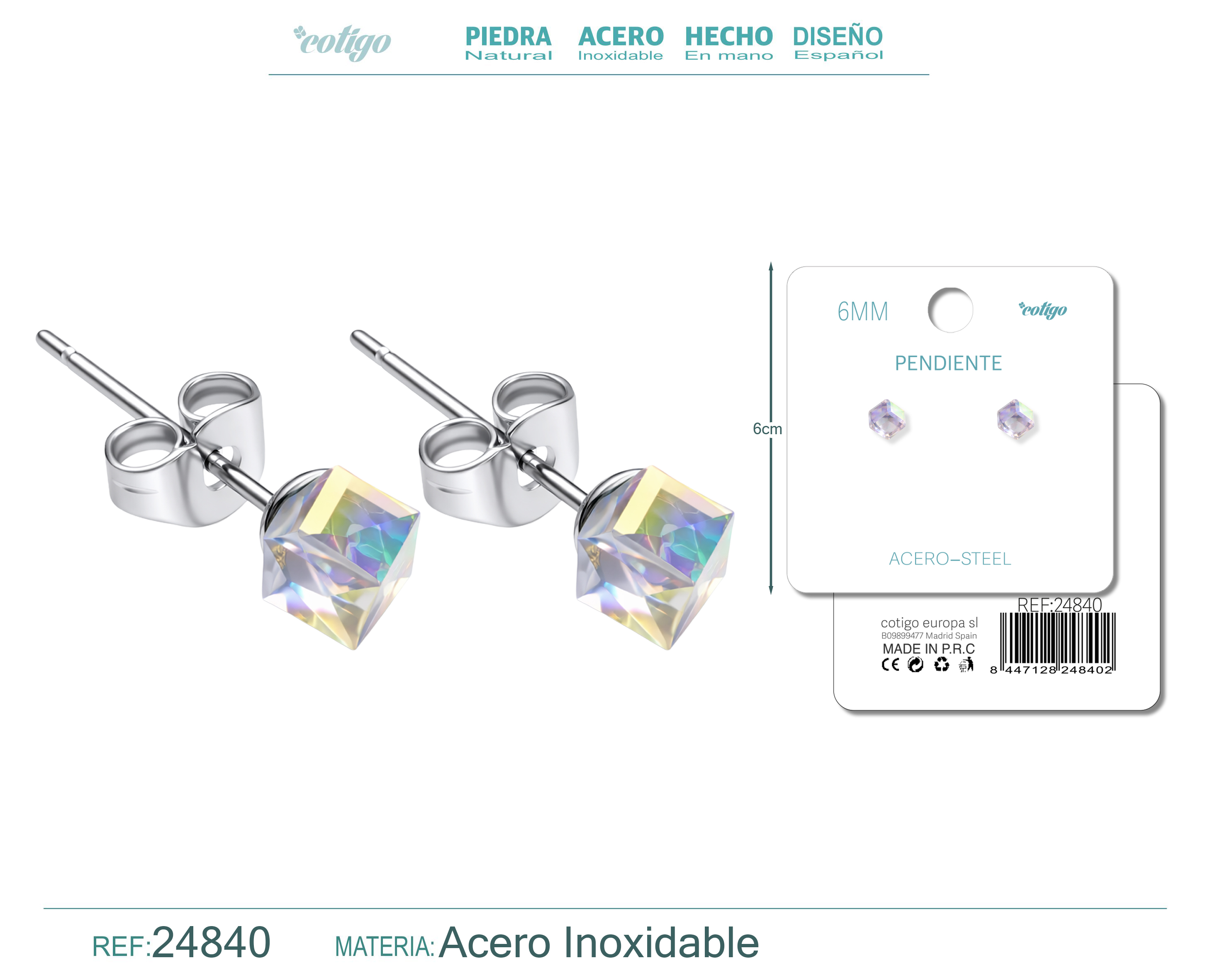 Pendiente de Cristal Cuadrado 6MM con Accesorio Acero
